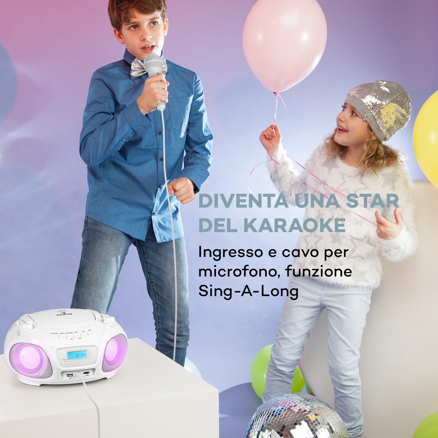 Roadie Sing CD Boombox, radio FM, spettacolo di luci, lettore CD, microfono 