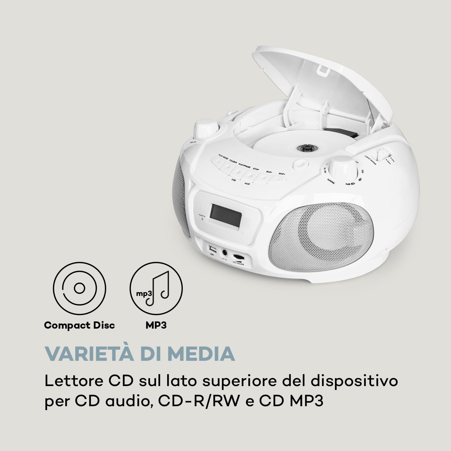 Roadie Sing CD Boombox, radio FM, spettacolo di luci, lettore CD, microfono 