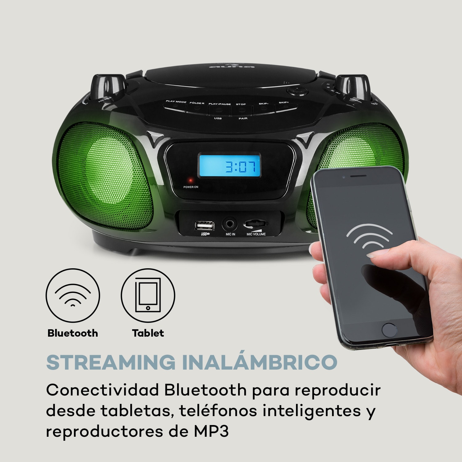 Roadie Sing Boombox con CD radio FM espectáculo de luz reproductor de CD micrófono 