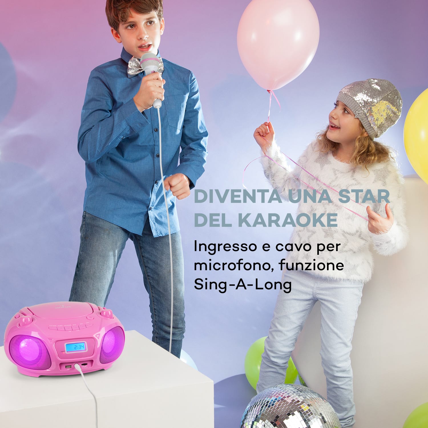 Roadie Sing CD Boombox, radio FM, spettacolo di luci, lettore CD, microfono 