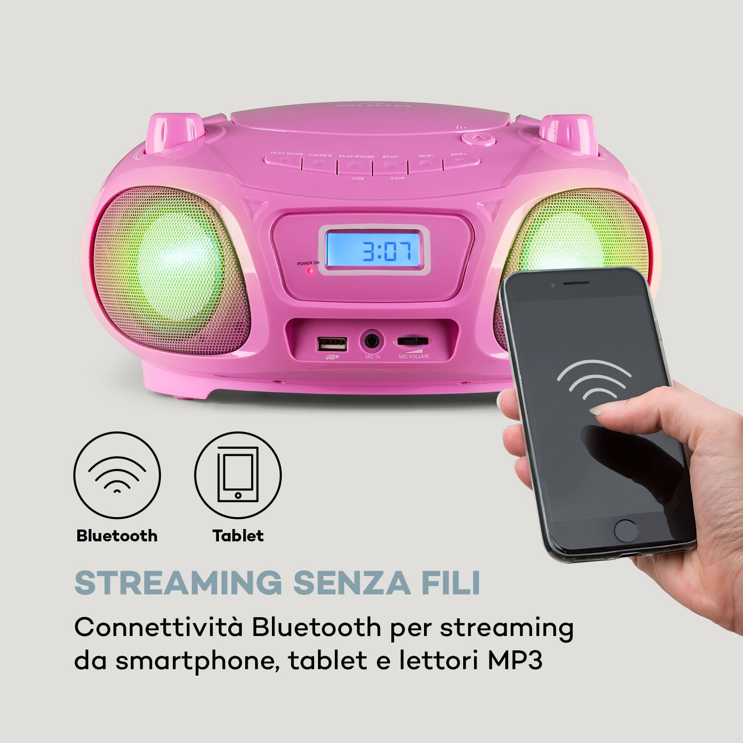 Roadie Sing CD Boombox, radio FM, spettacolo di luci, lettore CD, microfono 