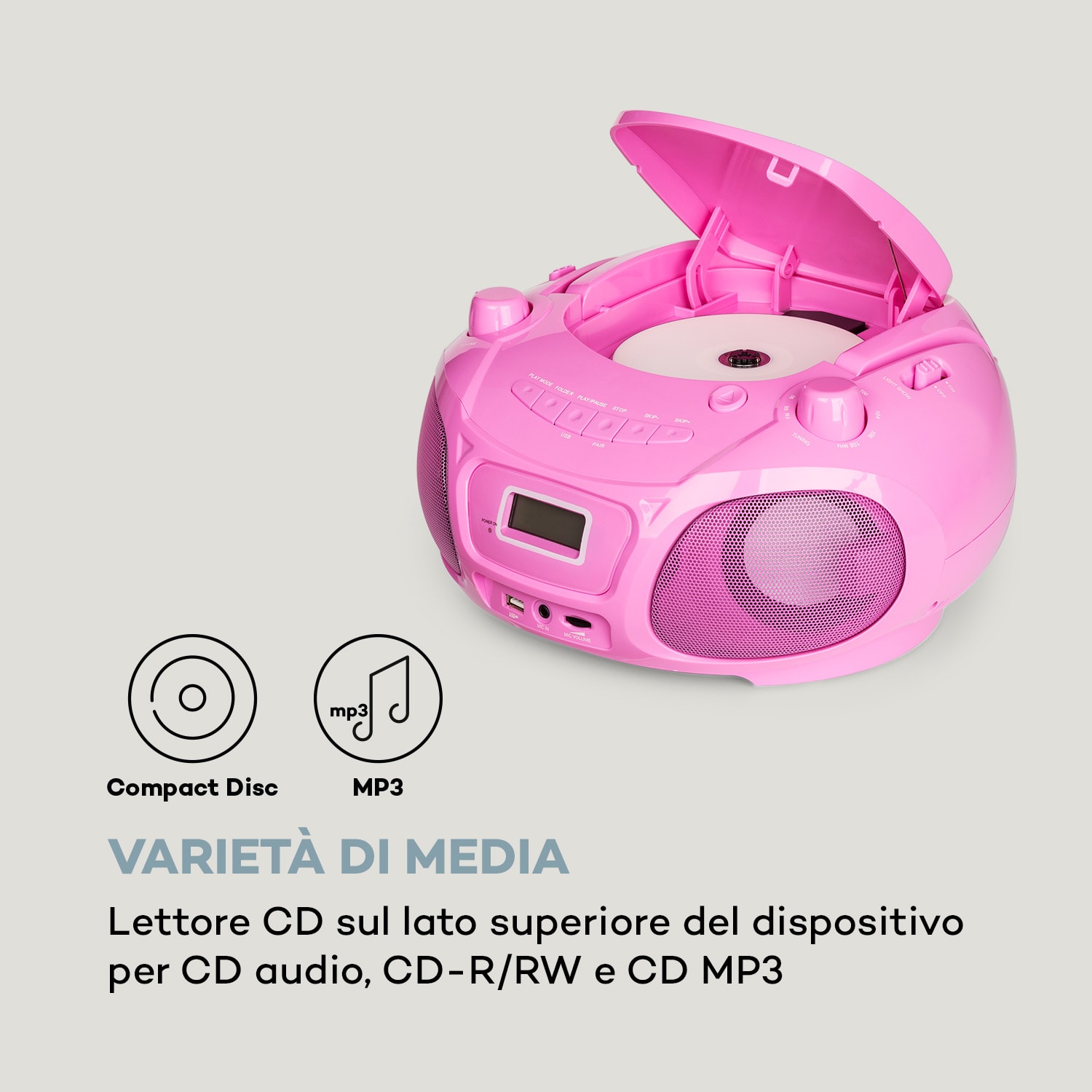 Roadie Sing CD Boombox, radio FM, spettacolo di luci, lettore CD, microfono 