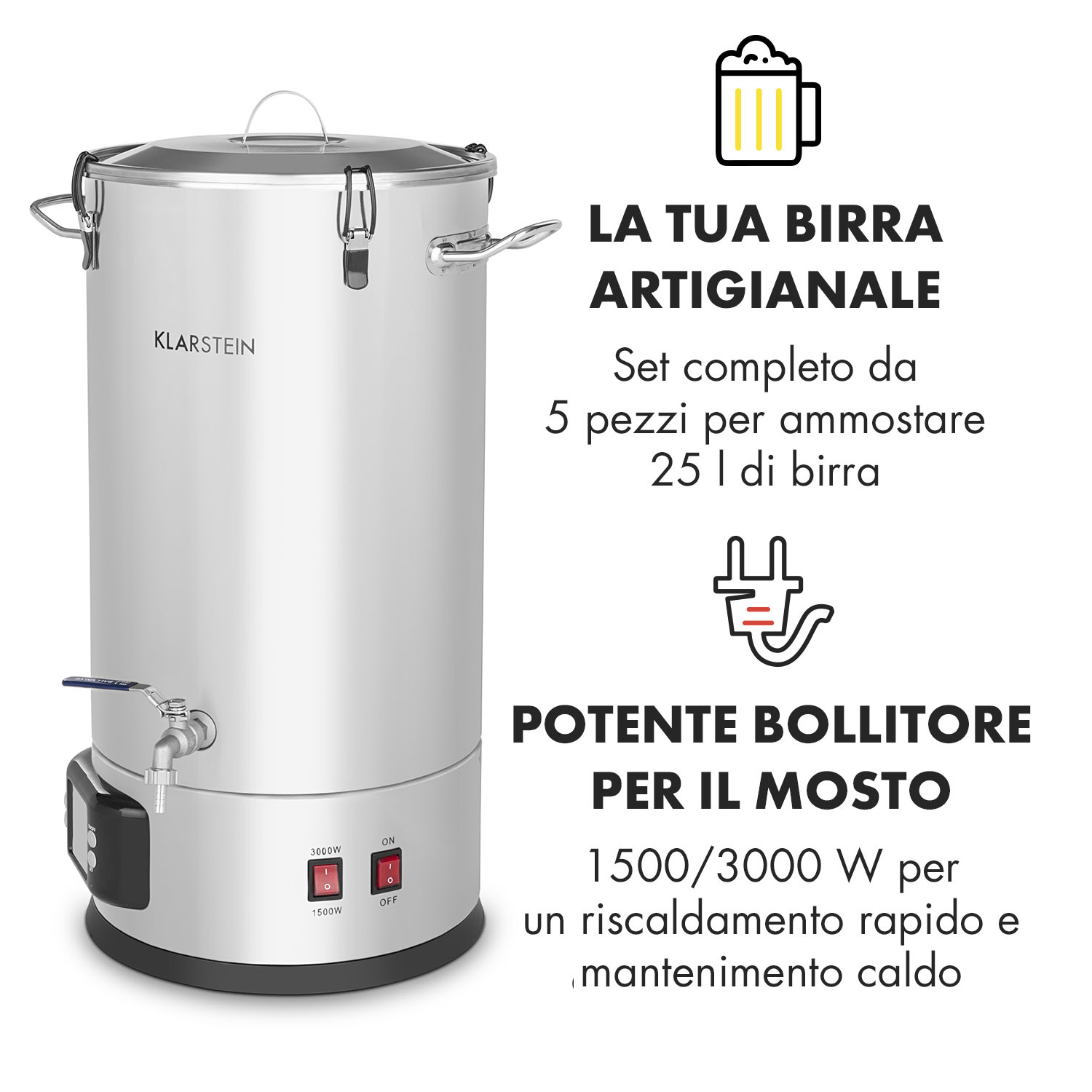 Maischfest Paiolo di Ammostatura 5 pz. 1500/3000W 25l LCD Touch Acciaio Inox 25 L