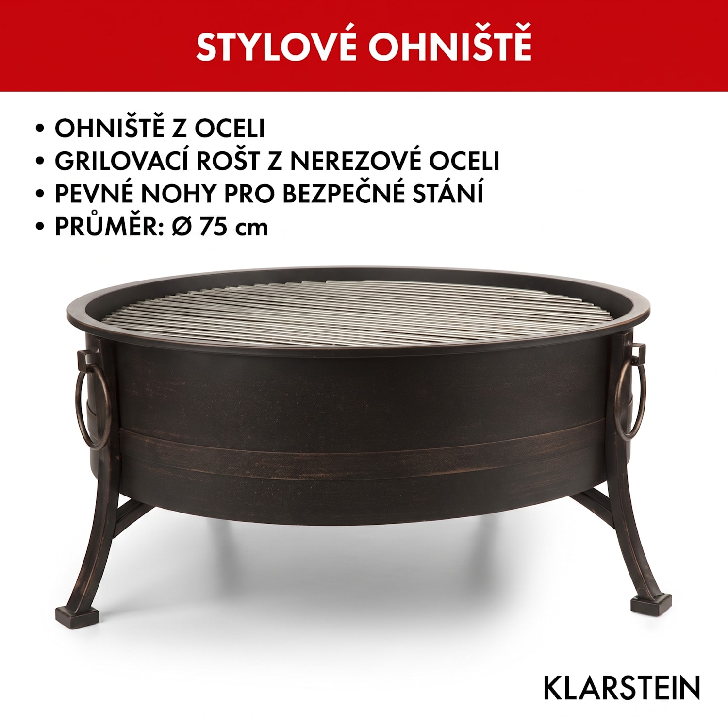 Catania, 2 v 1 ohniště s grilem, Ø 80 cm, gril Ø 70 cm, lapač jisker, ocel, antický motiv Starožitná černá