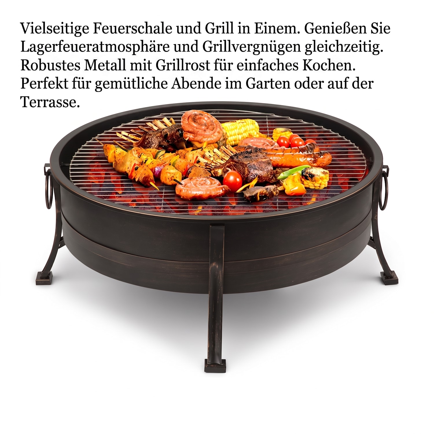 Catania 2-in-1-Feuerschale Ø80cm Funkenschutz Ø70cm Grill Stahl antik Antik-Schwarz