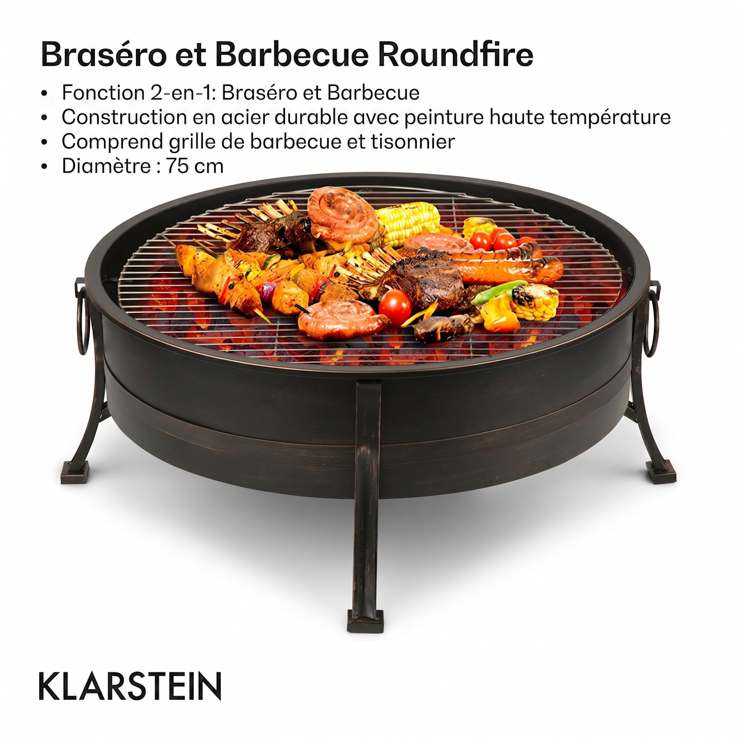 Catania Brasero 2-en-1 Ø 80cm pare-étincelles barbecue Ø 70cm acier Noir Antique