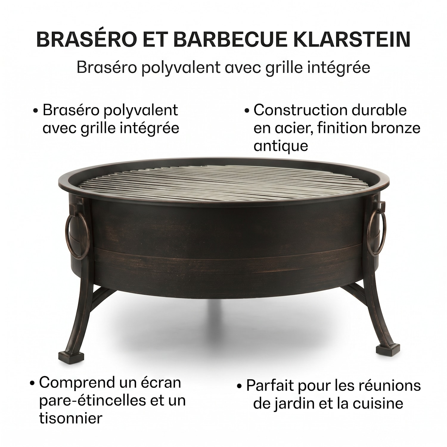 Catania Brasero 2-en-1 Ø 80cm pare-étincelles barbecue Ø 70cm acier Noir Antique