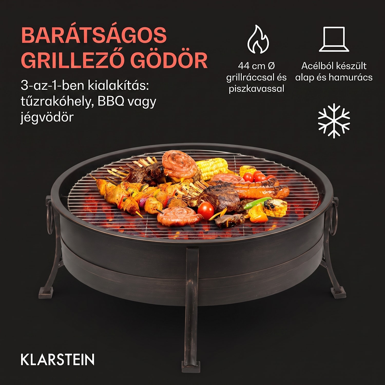 Catania, 2 az 1-ben tűzrakóhely, Ø 80cm szikrafogó, Ø 70cm grill, acél, antik hatás Antik fekete