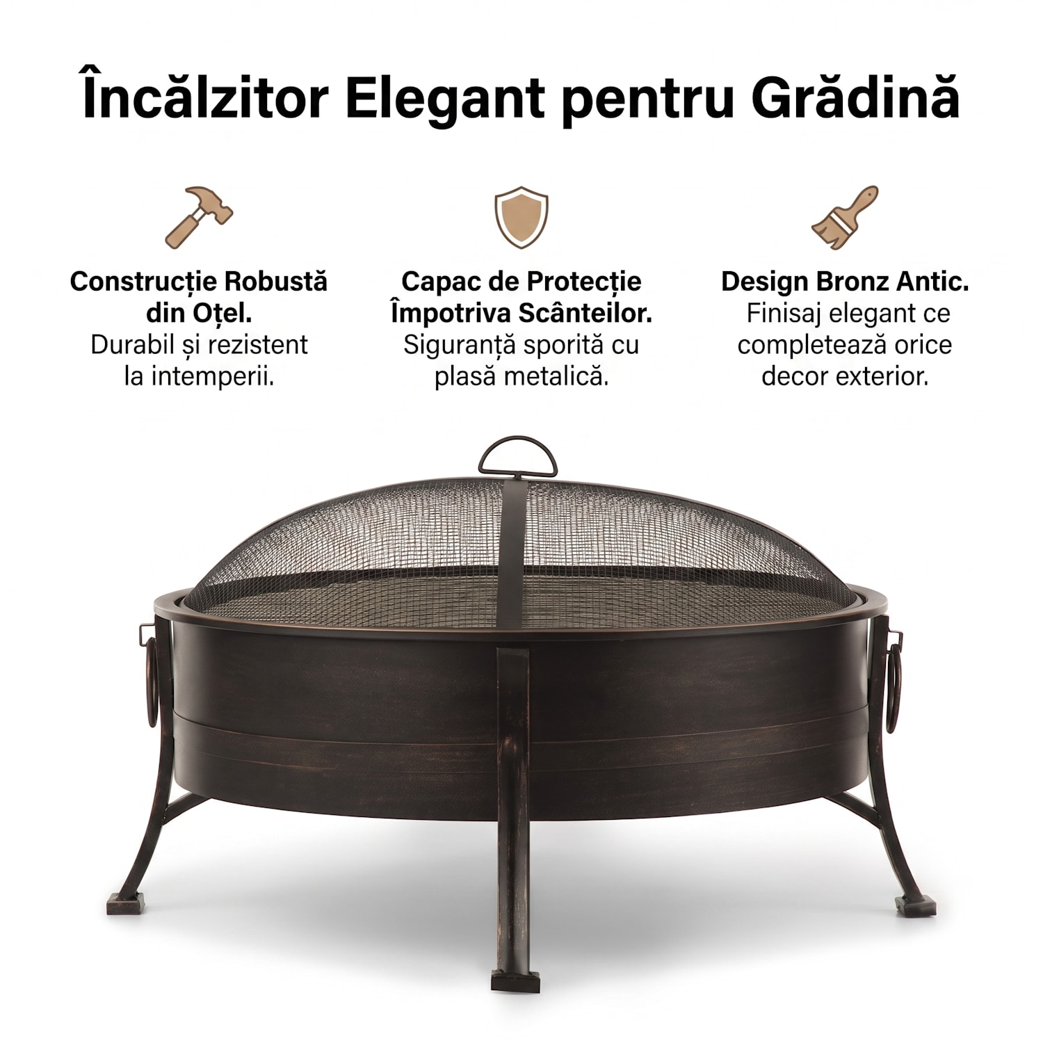 CATANIA 2-în-1, vas pentru foc Ø80cm, protecție împotriva flăcărilor, grill Ø70cm, oțel, motiv antic Negru antic