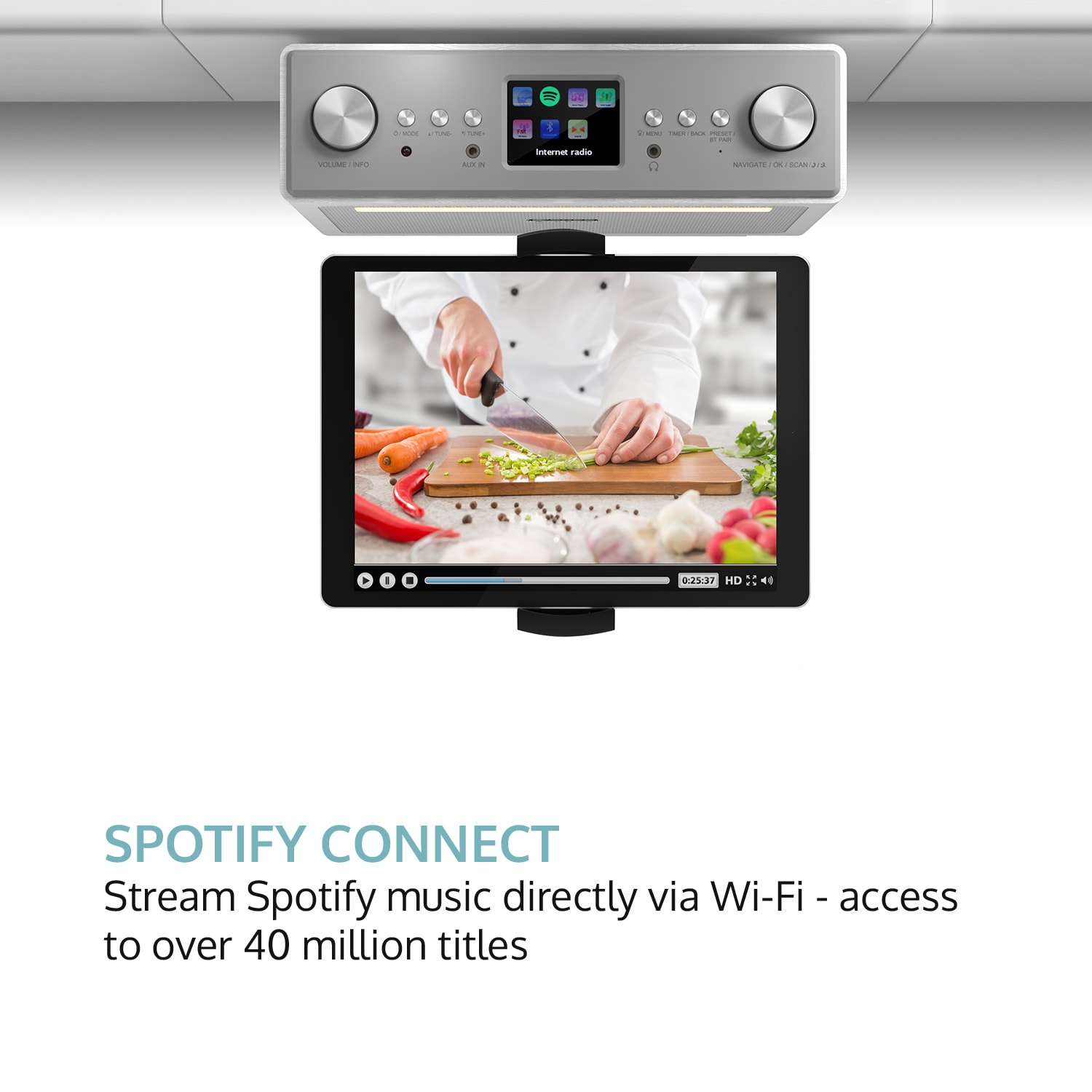 Connect Soundchef, кухненско радио, закрепено в долната част на шкафа, интернет, DAB+, FM, 2 x 3" високоговорители, бяло Без стойка за таблет | Бял