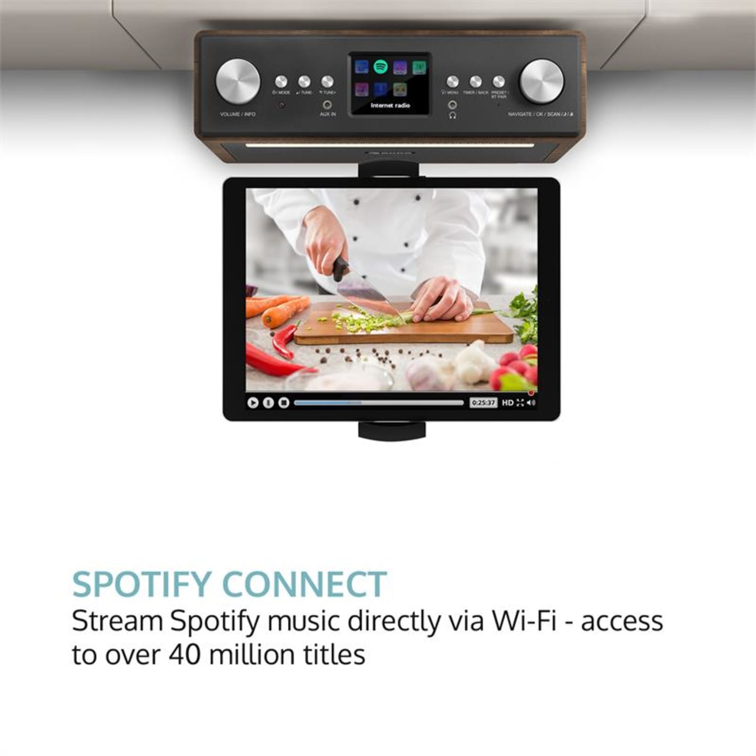 Connect Soundchef Radio encastrable Internet DAB+ FM enceintes 3" marron Sans support pour tablette | Noyer