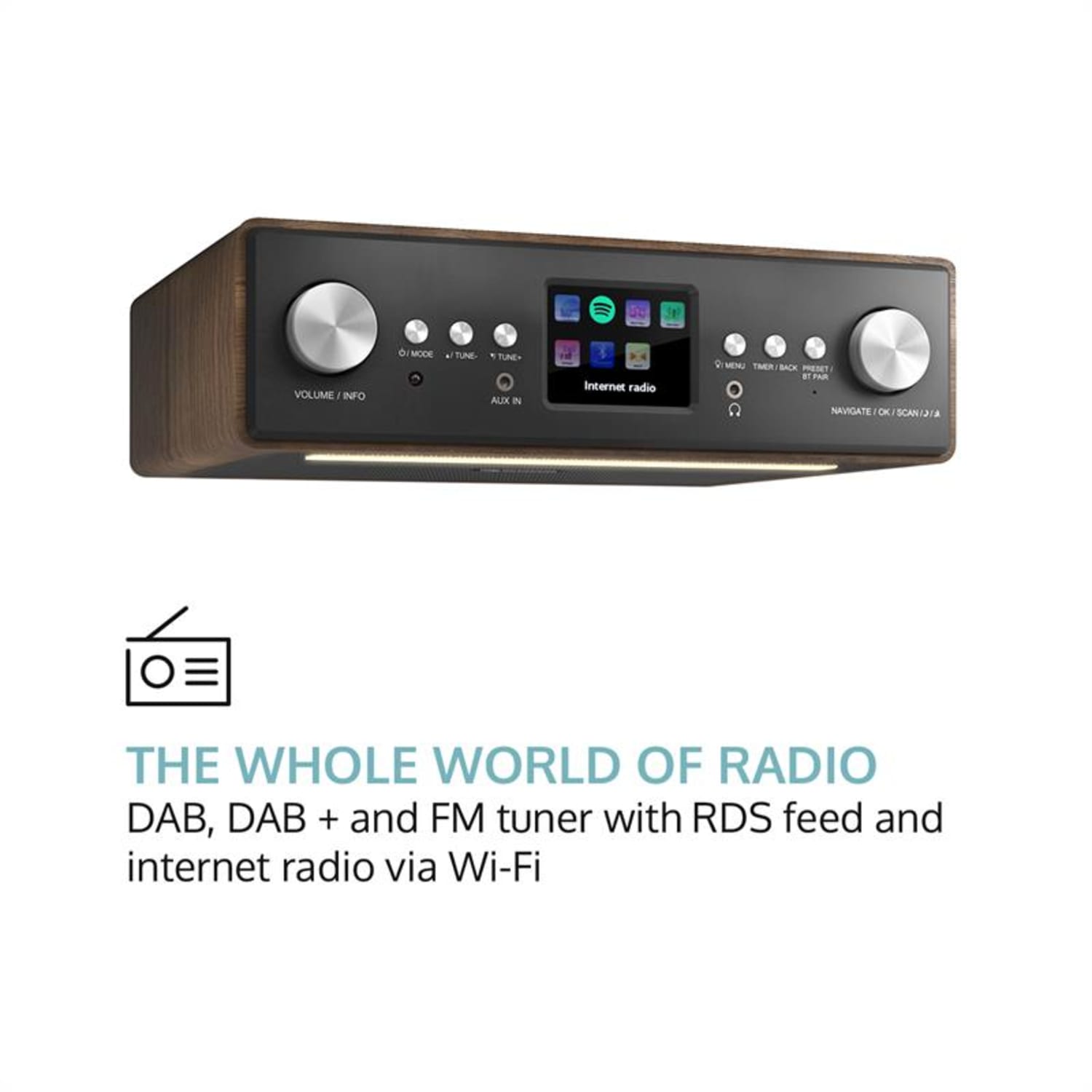 Connect Soundchef Radio encastrable Internet DAB+ FM enceintes 3" marron Sans support pour tablette | Noyer