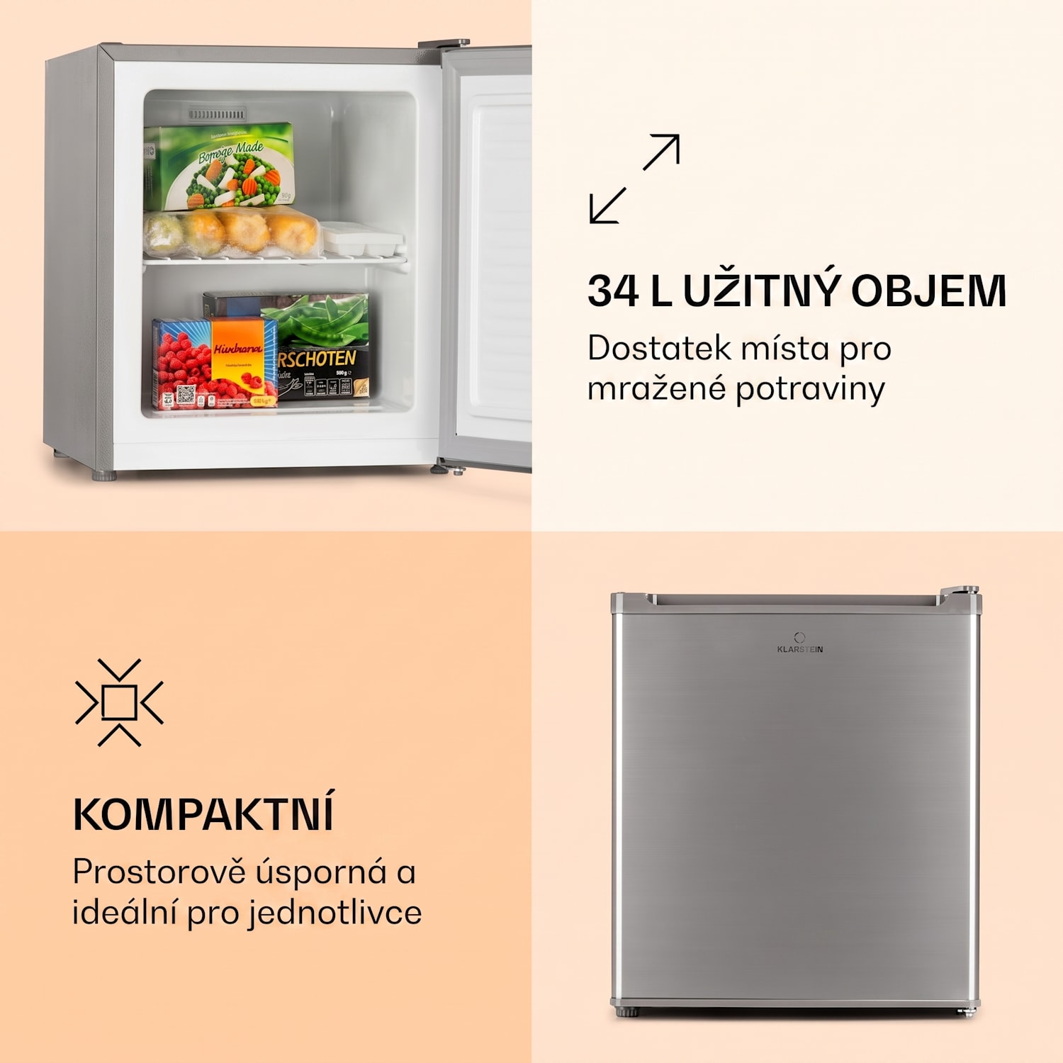 Garfield Eco E, mrazák, 33 l, 4 hvězdičky, kompaktní, stříbrný Stříbrná