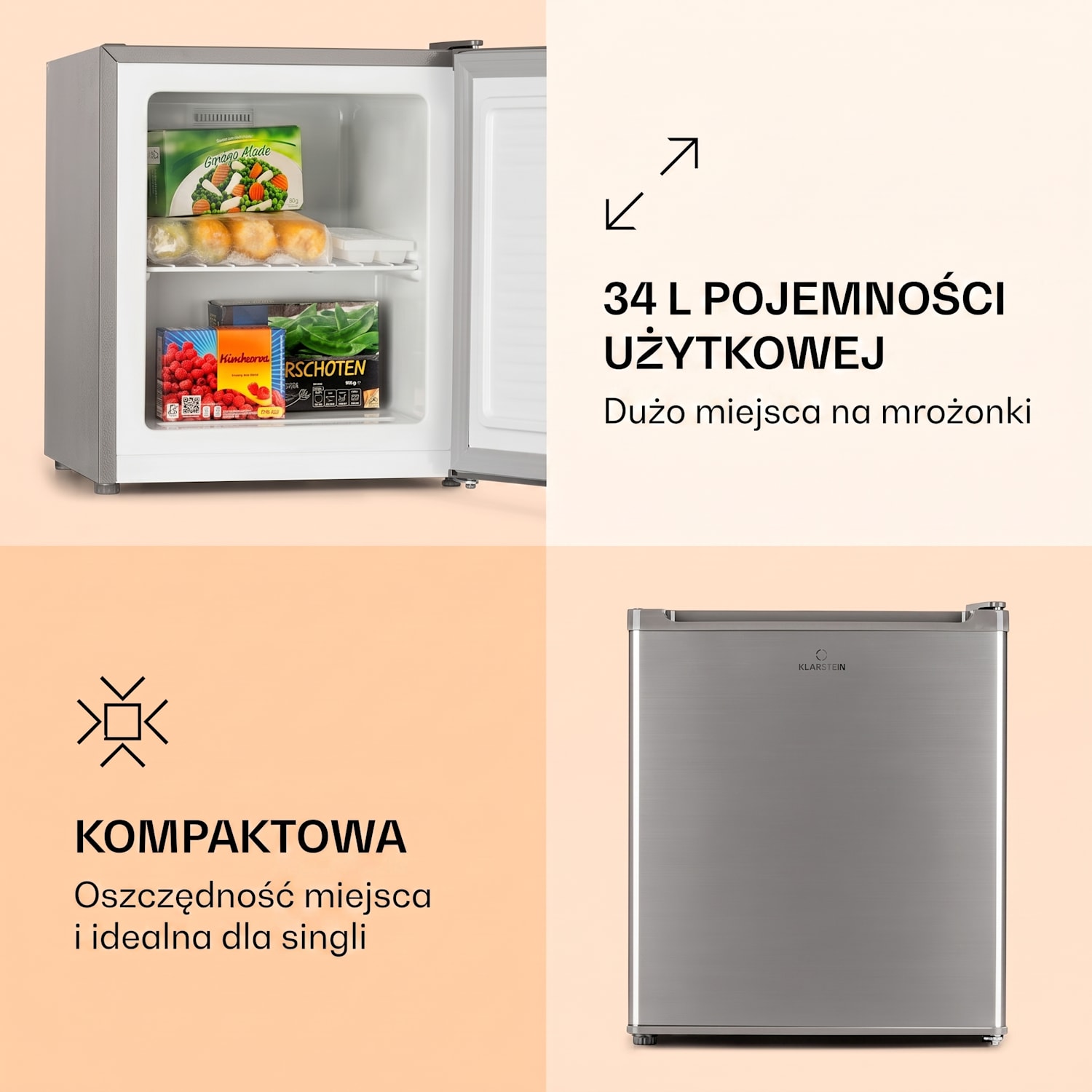 Garfield Eco, mini zamrażarka, 4 gwiazdki, 34 l, kompaktowa, E, srebrna Srebrny