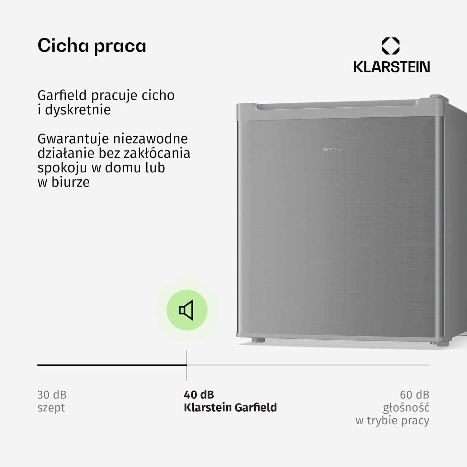 Garfield Eco, mini zamrażarka, 4 gwiazdki, 34 l, kompaktowa, E, srebrna Srebrny