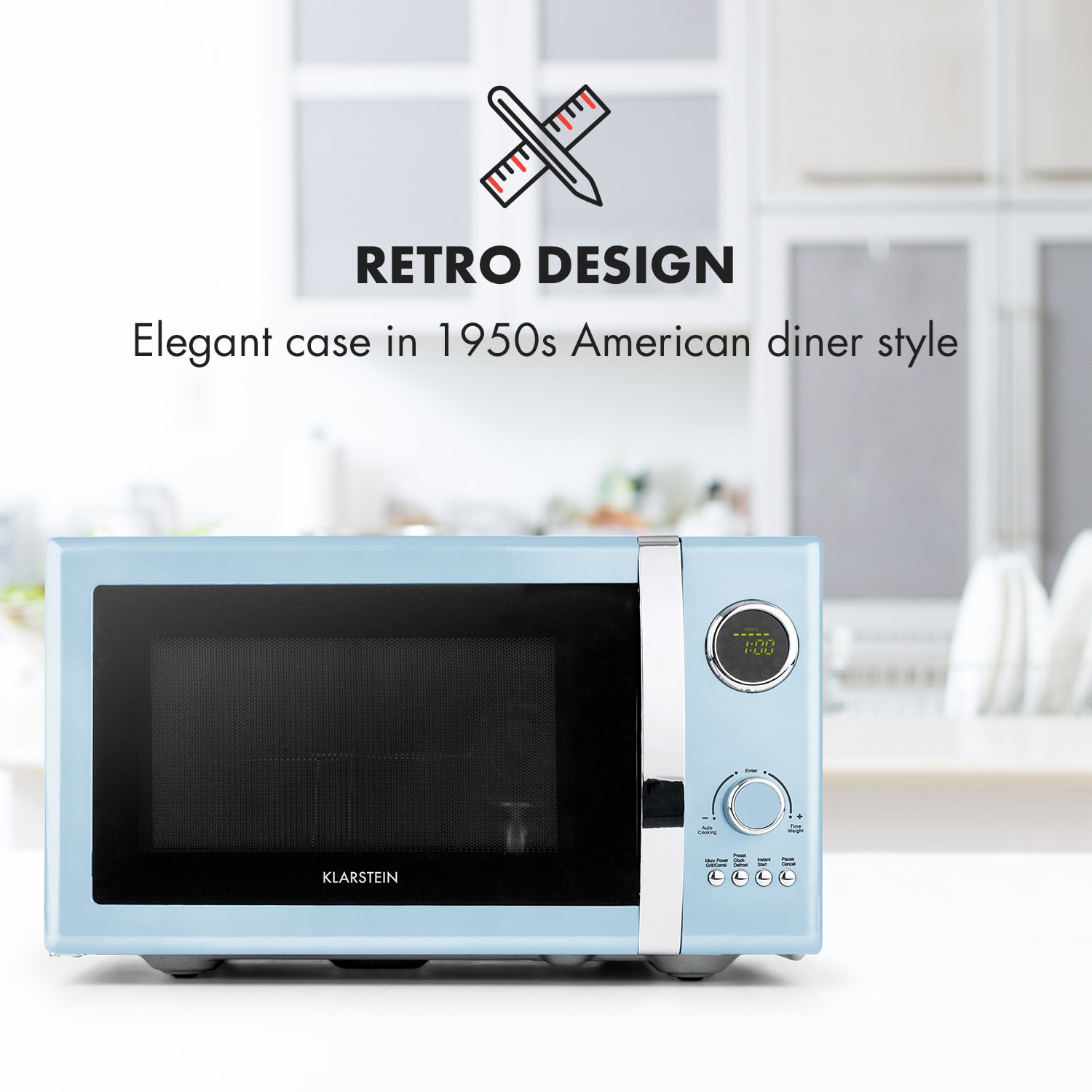 Fine Dinesty, kuchenka mikrofalowa z grillem, 800/1000 W, 23 l, styl retro, 12 programów Aqua