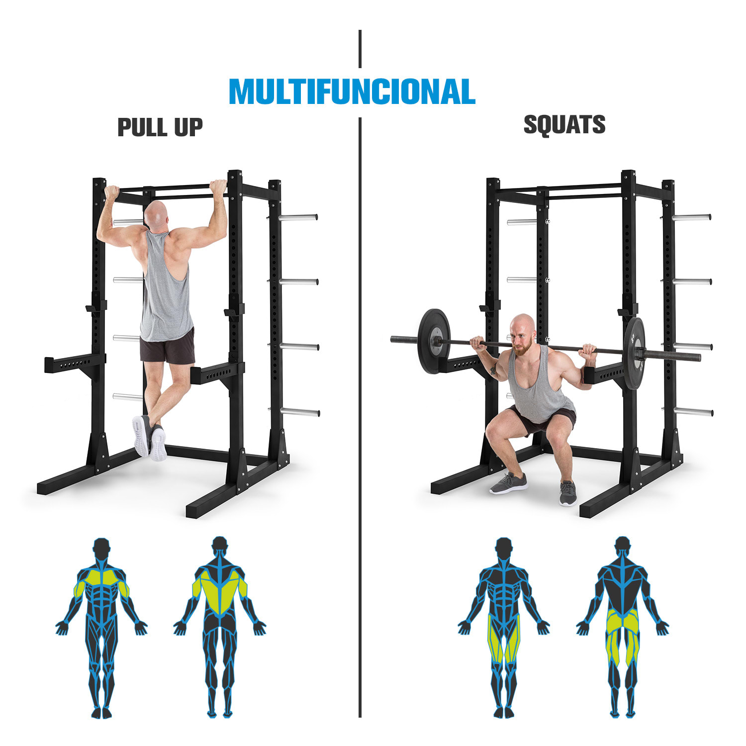 Bestride Jaula de fuerza 2 soportes de seguridad 2 ganchos en J 2 barras de dominadas 