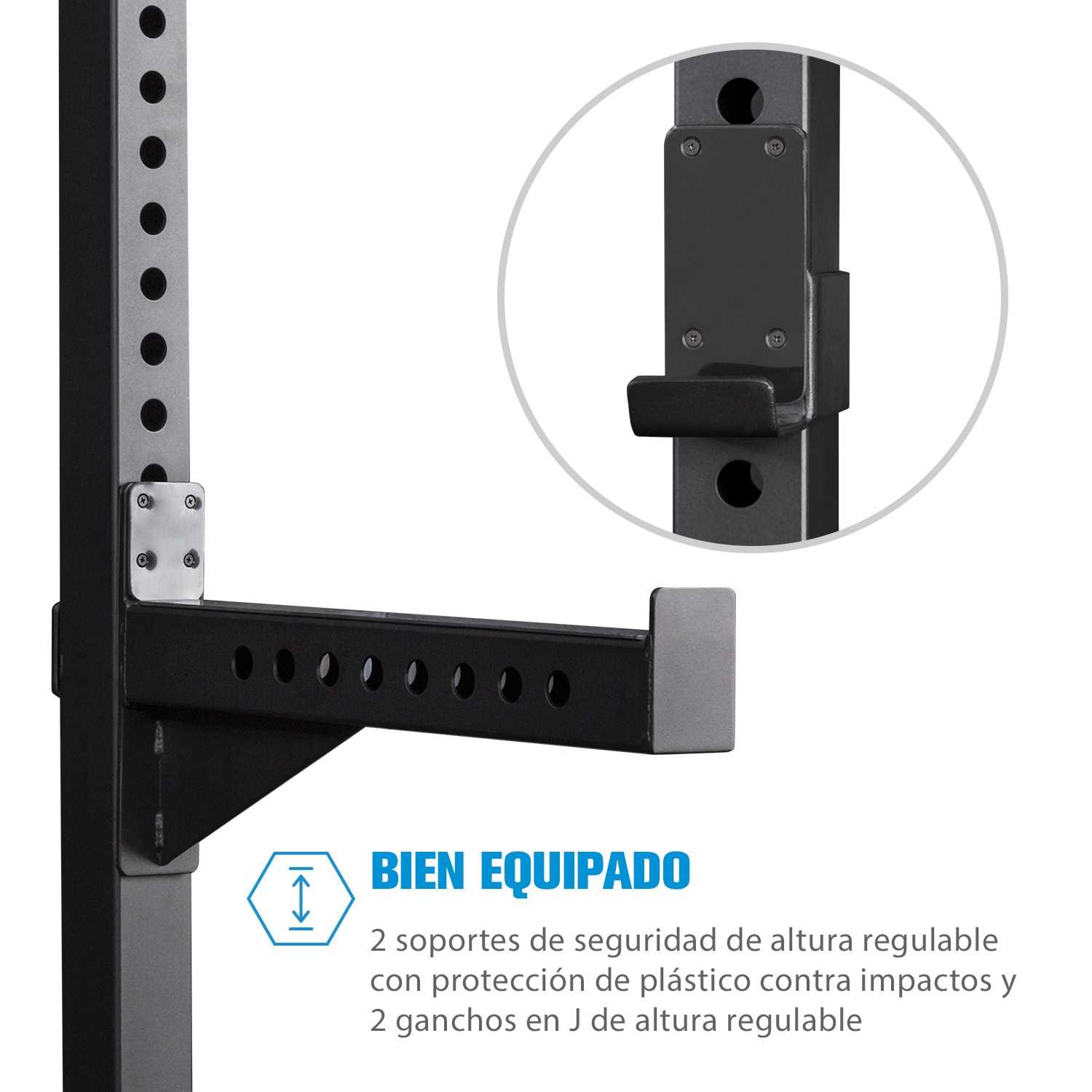 Bestride Jaula de fuerza 2 soportes de seguridad 2 ganchos en J 2 barras de dominadas 