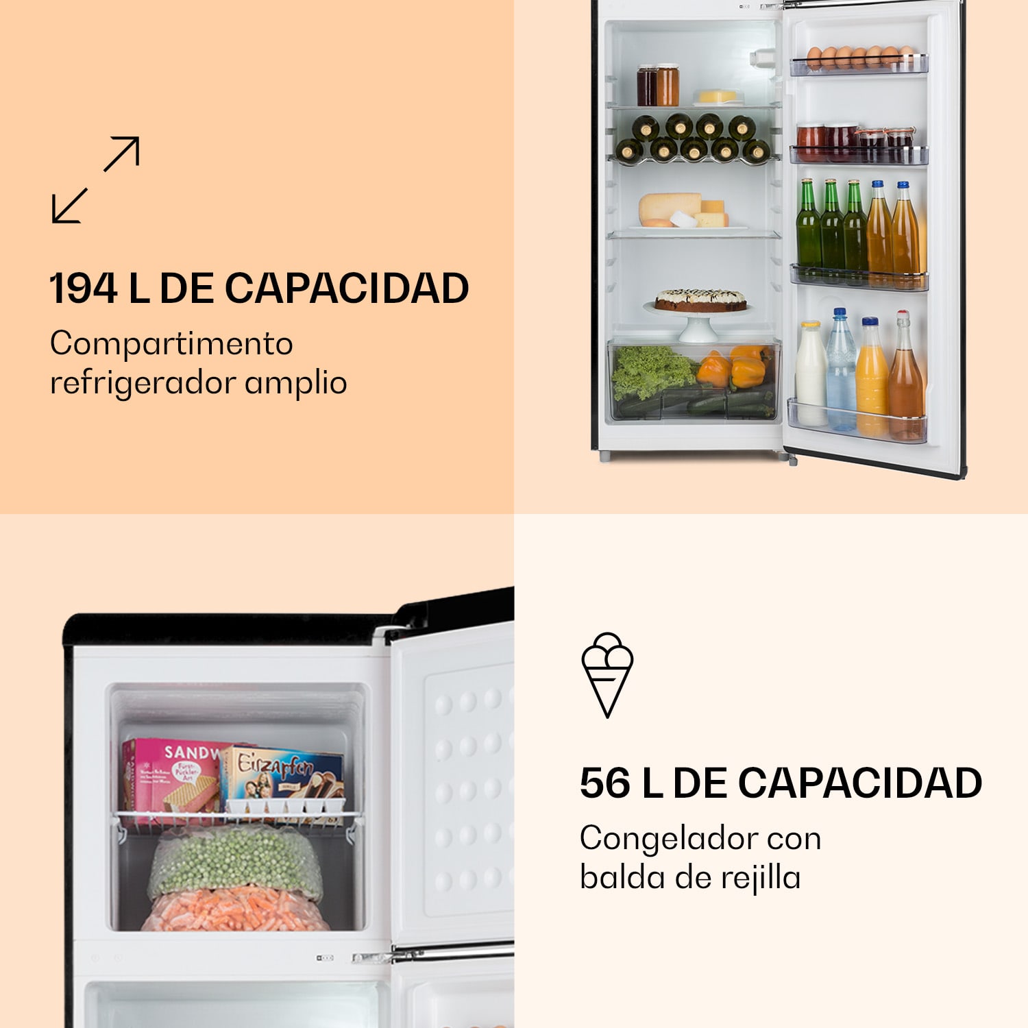Audrey Retro Combi de nevera y congelador 194 / 56 litros Negro