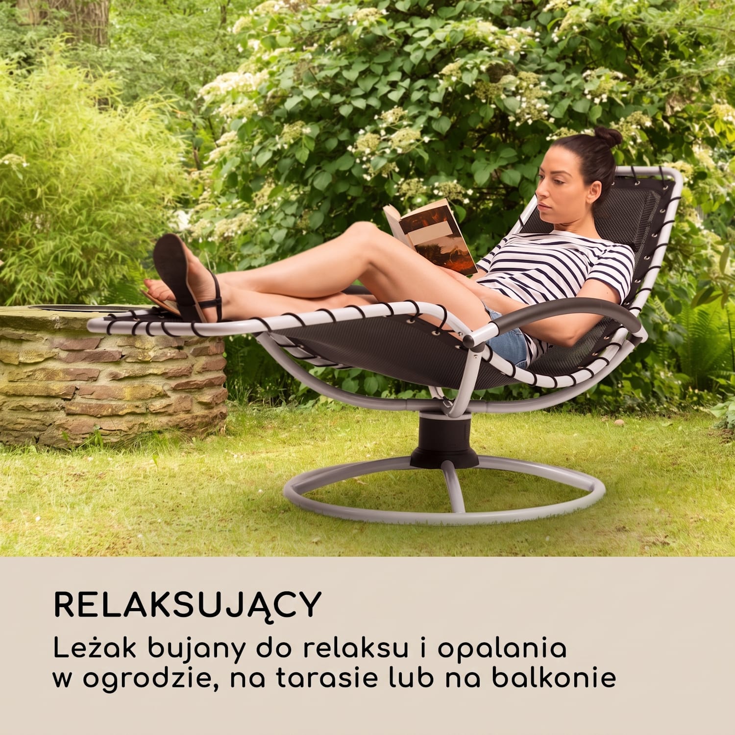 The Chiller, leżak ogrodowy bujany, 77 x 85 x 173 cm, 360 Comfort, ComfortMesh Czarny