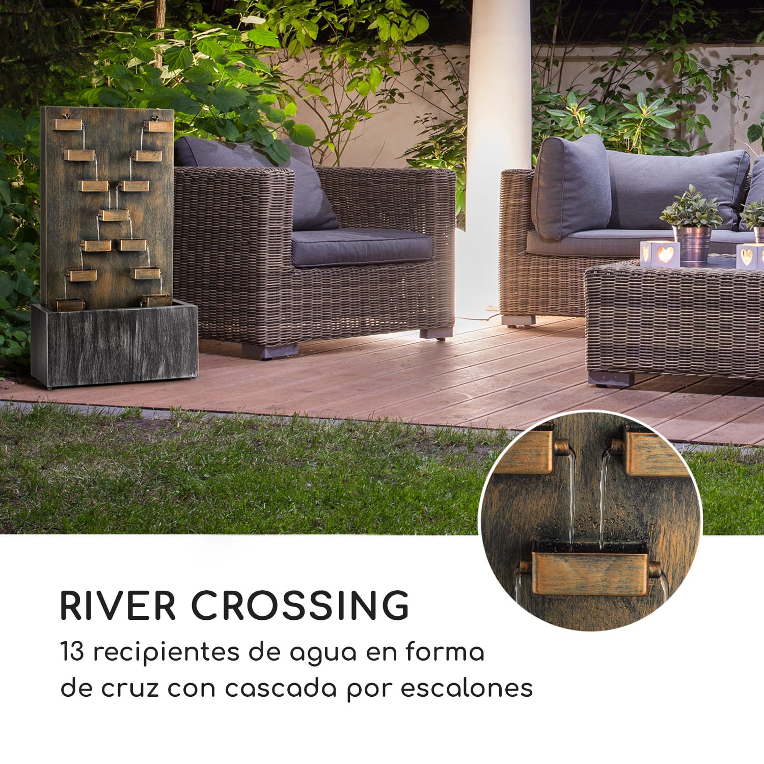 River Crossing fuente de jardín in/outdoor bomba de 6W 10m de cable galvanizada 