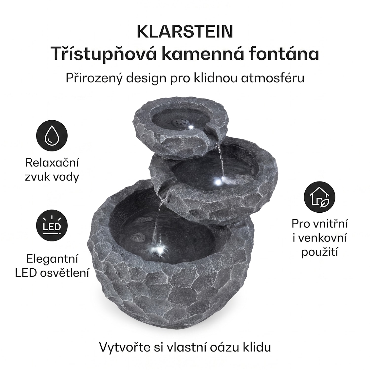 Murach, solární kaskádová fontána, akumulátorový provoz, 2 W, solární panel, 3x LED 