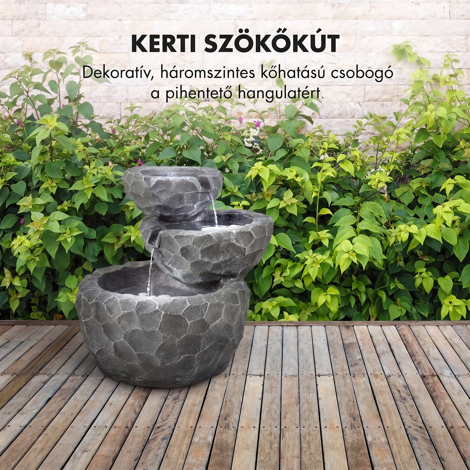 Murach napelemes vízesés szökőkút, akkumulátor, 2 W szolár panel, 3 LED 