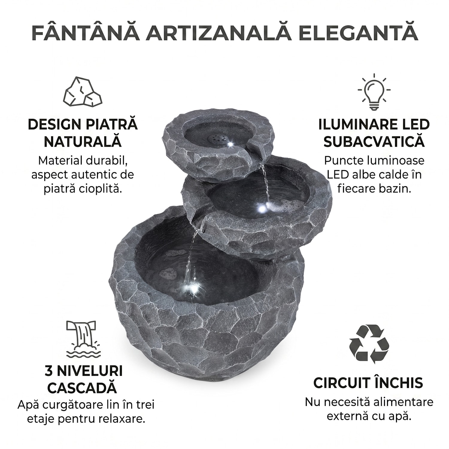 Murach fântână arteziană,cu acumulator de funcționare, 2 W, panou solar, 3 LED-uri 