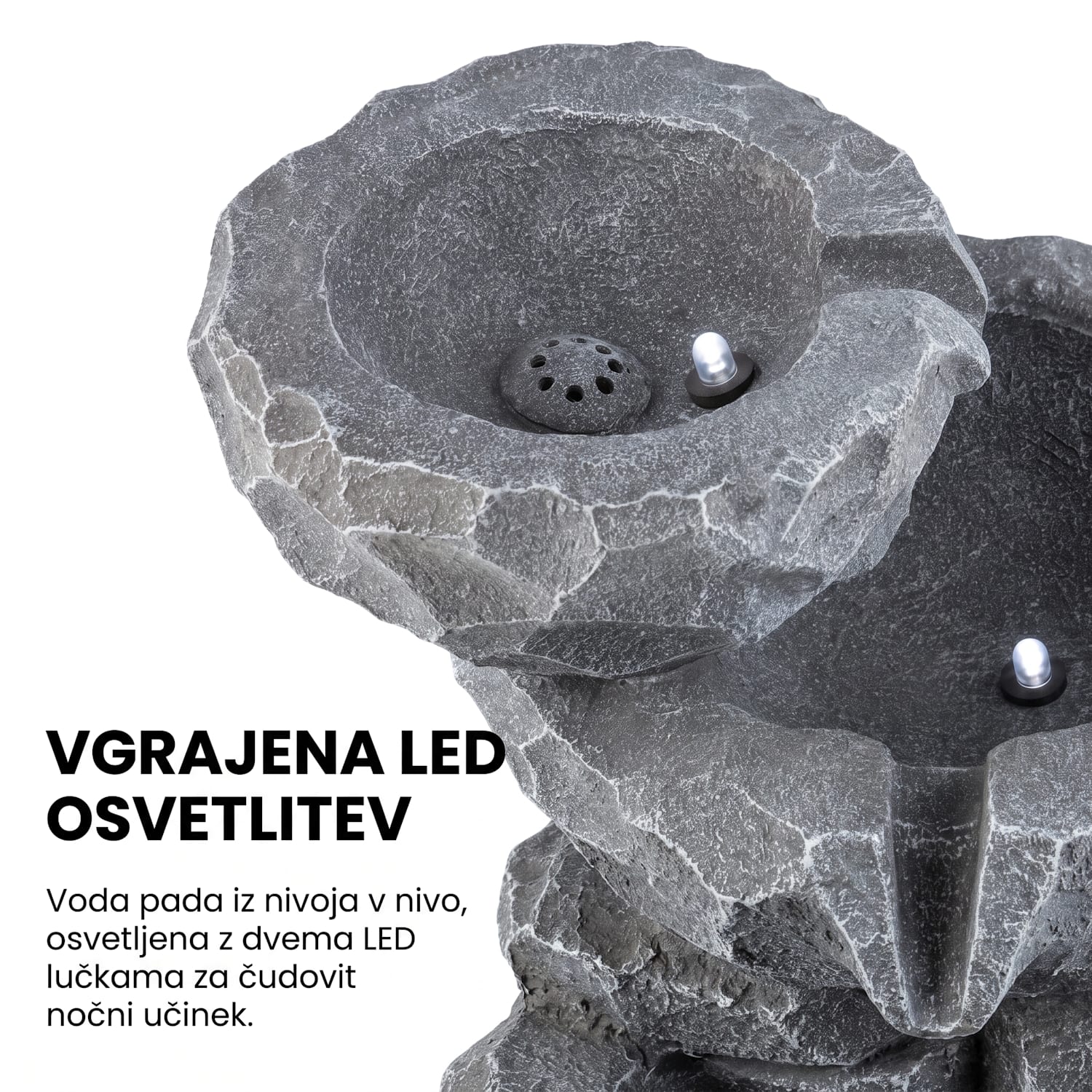Murach kaskadni vodnjak, obratovanje na akumulator, 2 W, solarna plošča, 3 LED luči 