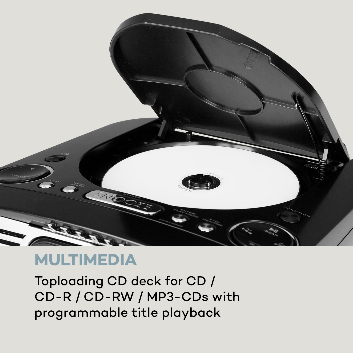 Dreamee DAB+, radiobudzik, CD odtwarzacz, DAB+/FM, CD-R/RW/MP3, AUX, retro Czarny / Srebrny Metal
