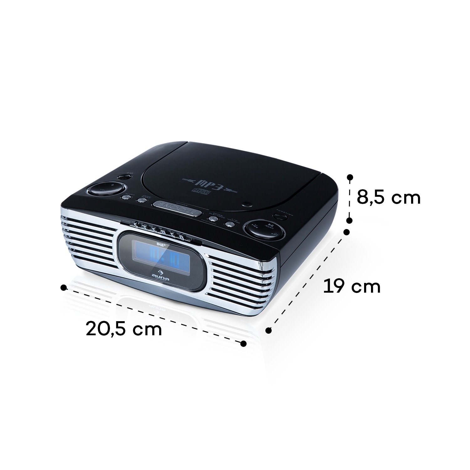 Dreamee DAB+, radiobudzik, CD odtwarzacz, DAB+/FM, CD-R/RW/MP3, AUX, retro Czarny / Srebrny Metal