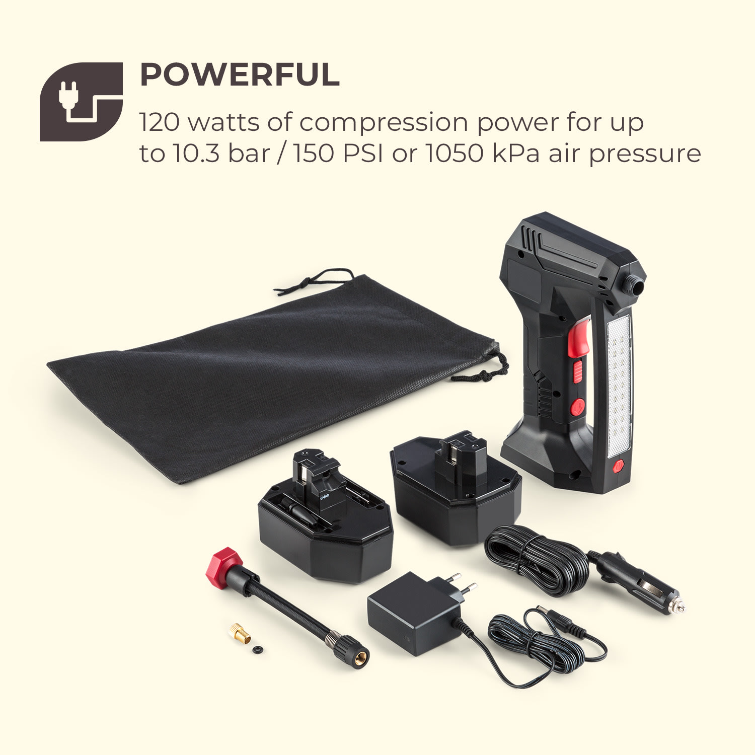 AirBuddy, акумулаторна помпа, 120 W, LED светлина, 1500 mAh, батерия, черно/червена 
