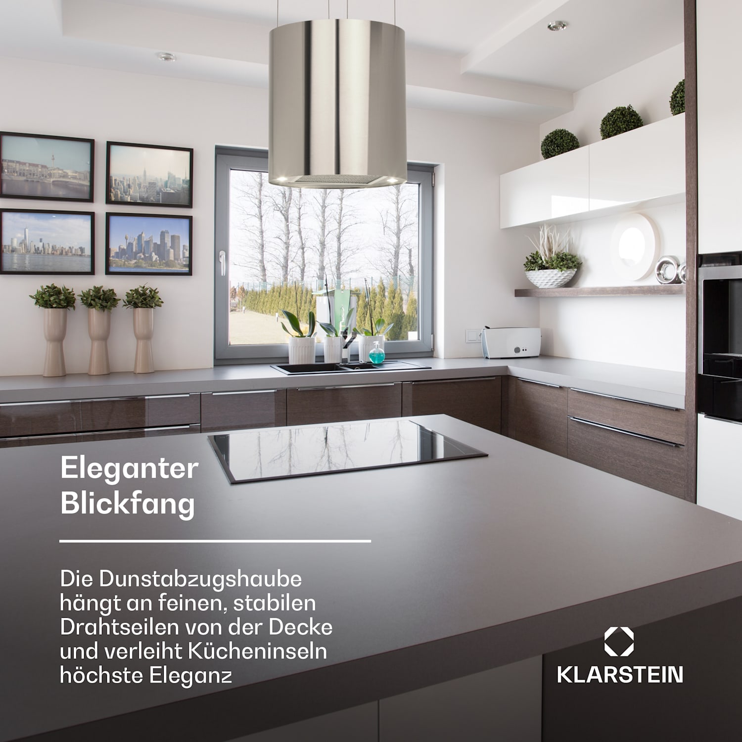 Barett Inselabzugshaube Ø35cm Umluft 522 m³/h LED Aktivkohlefilter Silber