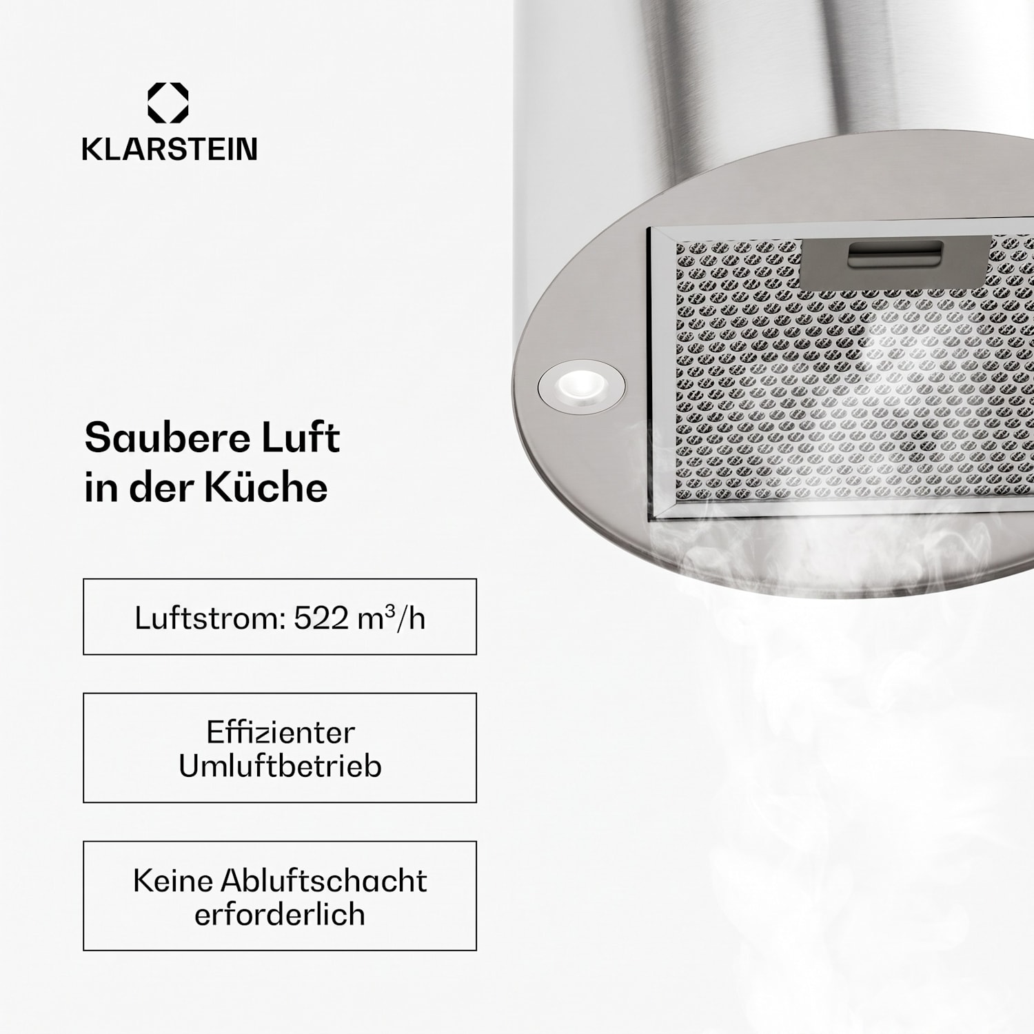 Barett Inselabzugshaube Ø35cm Umluft 522 m³/h LED Aktivkohlefilter Silber