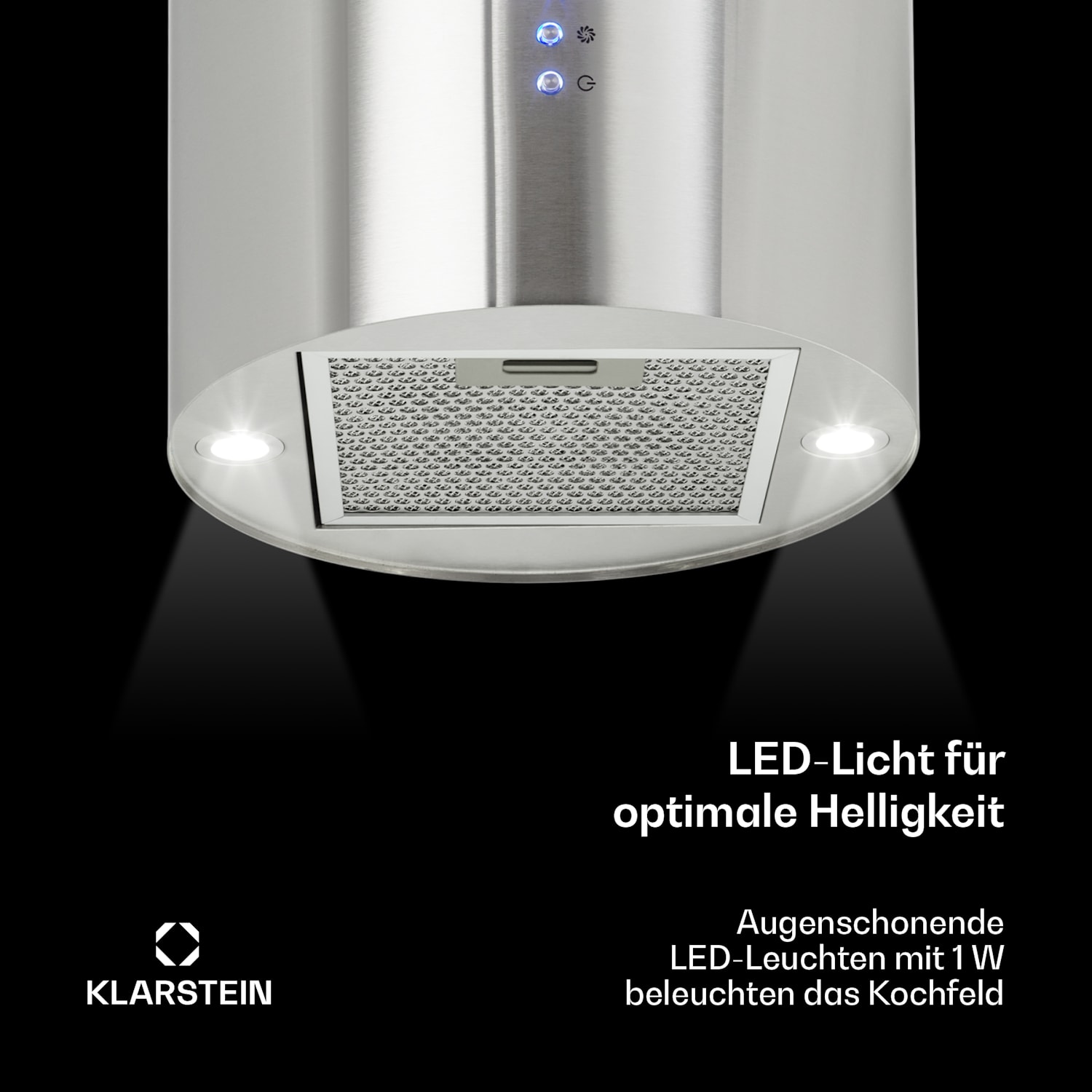 Barett Inselabzugshaube Ø35cm Umluft 522 m³/h LED Aktivkohlefilter Silber