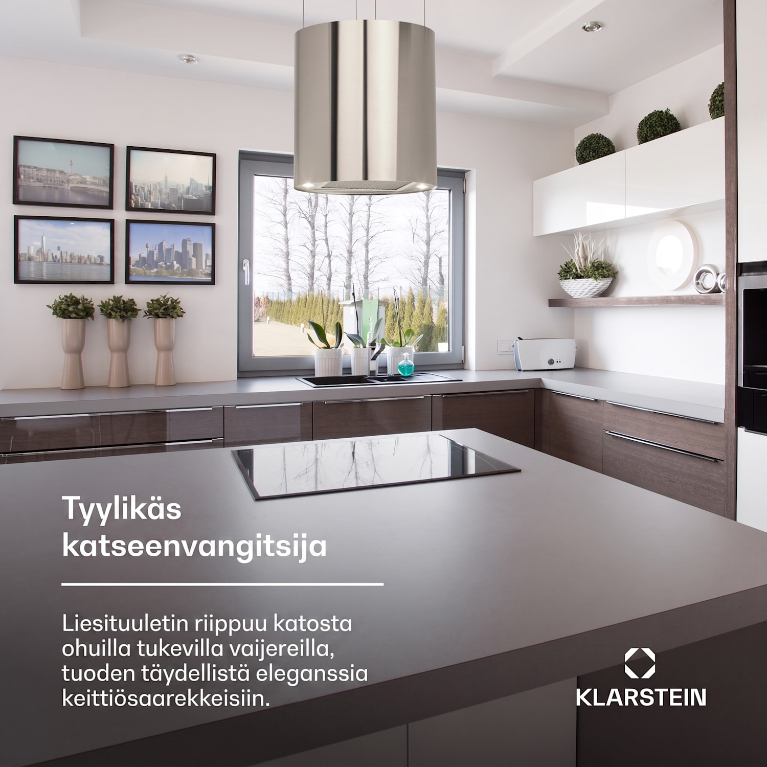 Barett saarekeliesituuletin Ø 35 cm kiertoilma 522 m³/h LED aktiivihiilisuodatin Hopea
