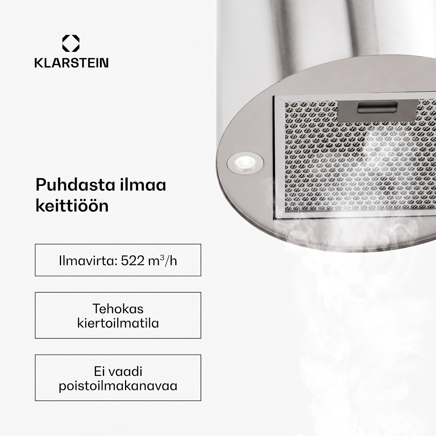 Barett saarekeliesituuletin Ø 35 cm kiertoilma 522 m³/h LED aktiivihiilisuodatin Hopea