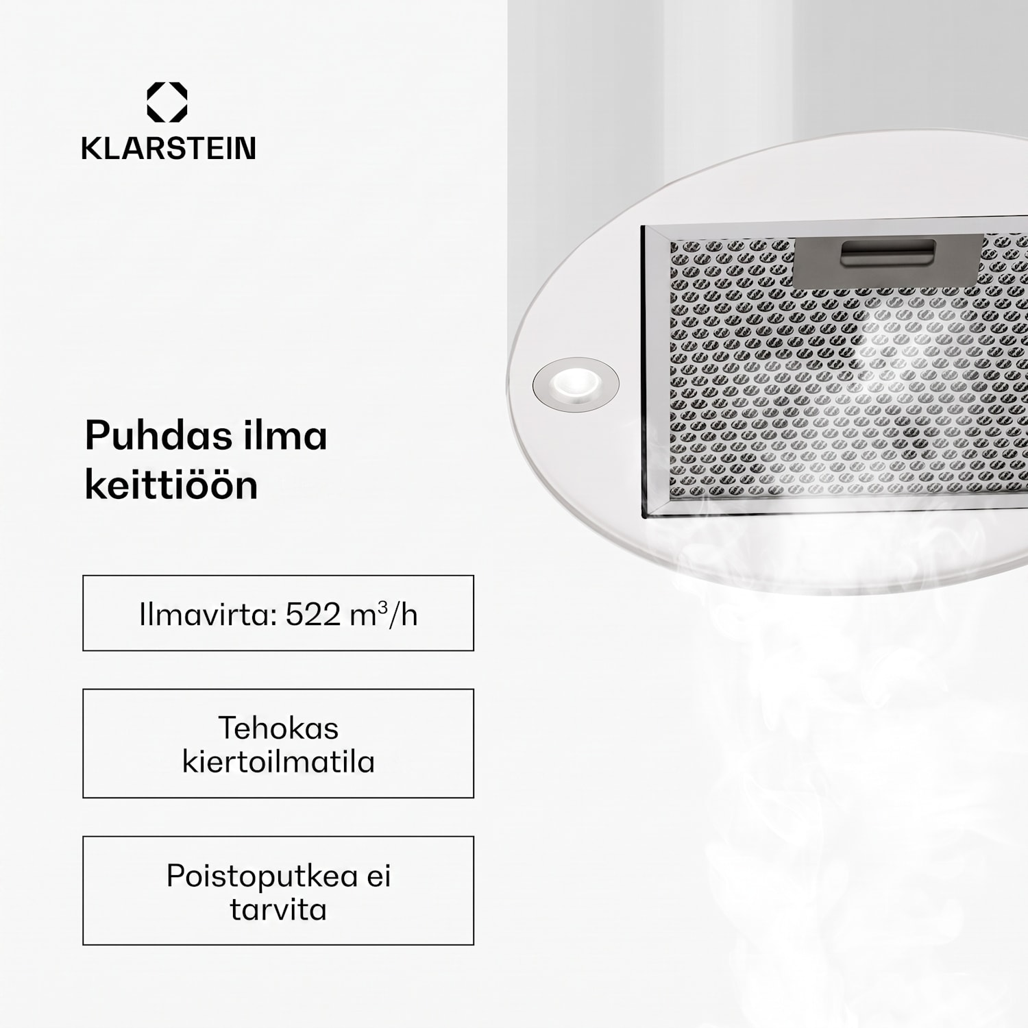Barett saarekeliesituuletin Ø 35 cm kiertoilma 522 m³/h LED aktiivihiilisuodatin Valkoinen