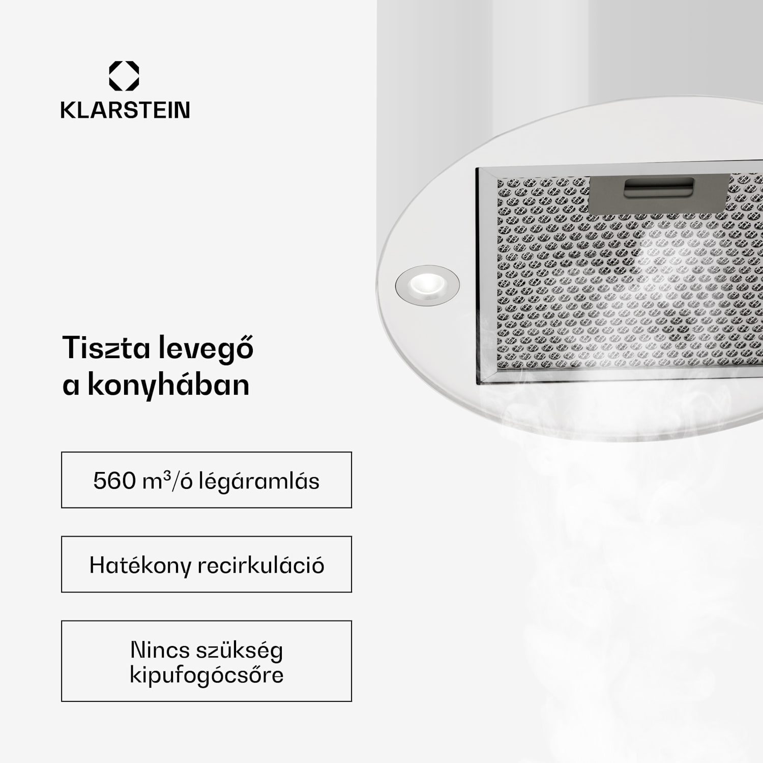 Barett, sziget páraelszívó, Ø 35 cm, légkeringetés, 560 m³/ó, LED, aktívszén szűrő, fehér Fehér