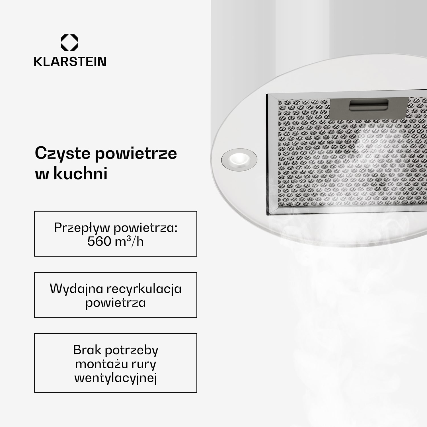 Barett, okap kuchenny wyspowy, pochłaniacz, Ø 35 cm, 560 m³/h, LED, filtr węglowy, kolor biały Biały