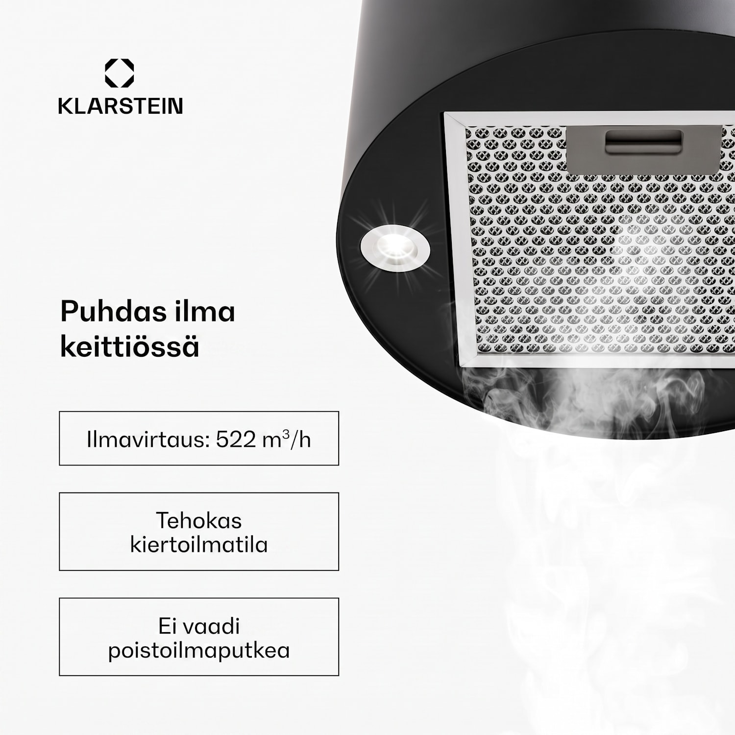 Barett saarekeliesituuletin Ø 35 cm kiertoilma 522 m³/h LED aktiivihiilisuodatin Musta