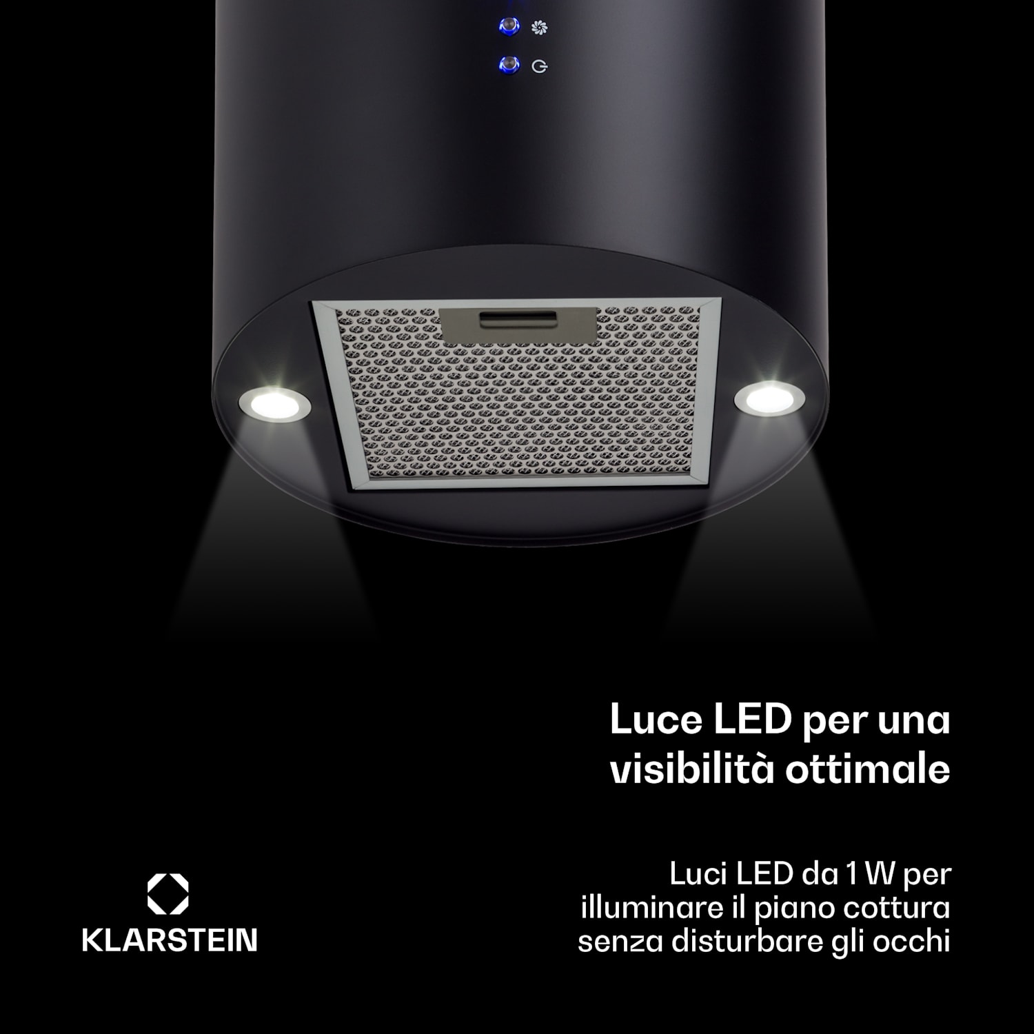 Barett - Cappa aspirante a isola, Ø 35 cm, ricircolo, 558 m³/h, LED, filtri ai carboni attivi Nero