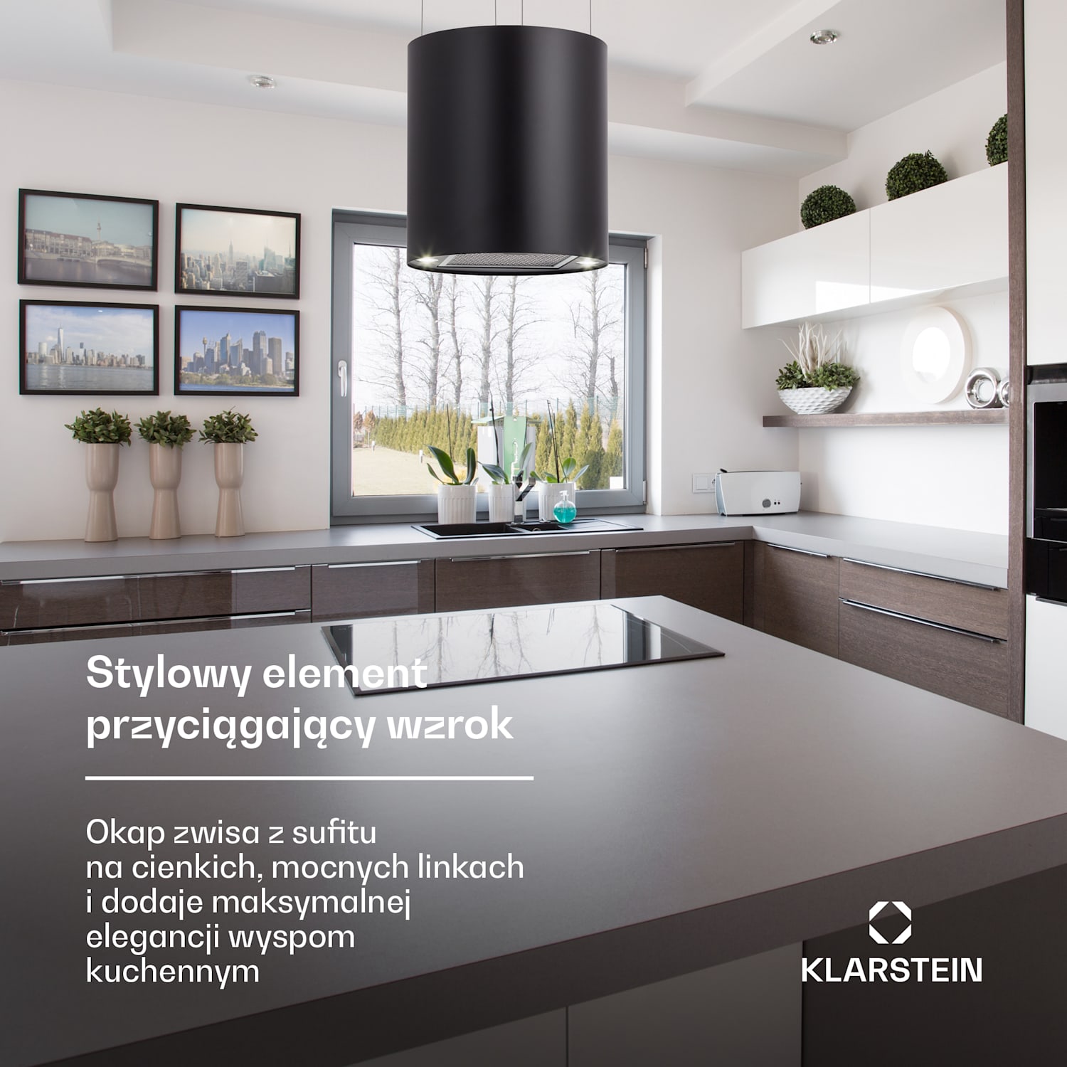 Barett, okap kuchenny wyspowy, pochłaniacz, Ø 35 cm, 560 m³/h, LED, filtr węglowy, kolor czarny Czarny