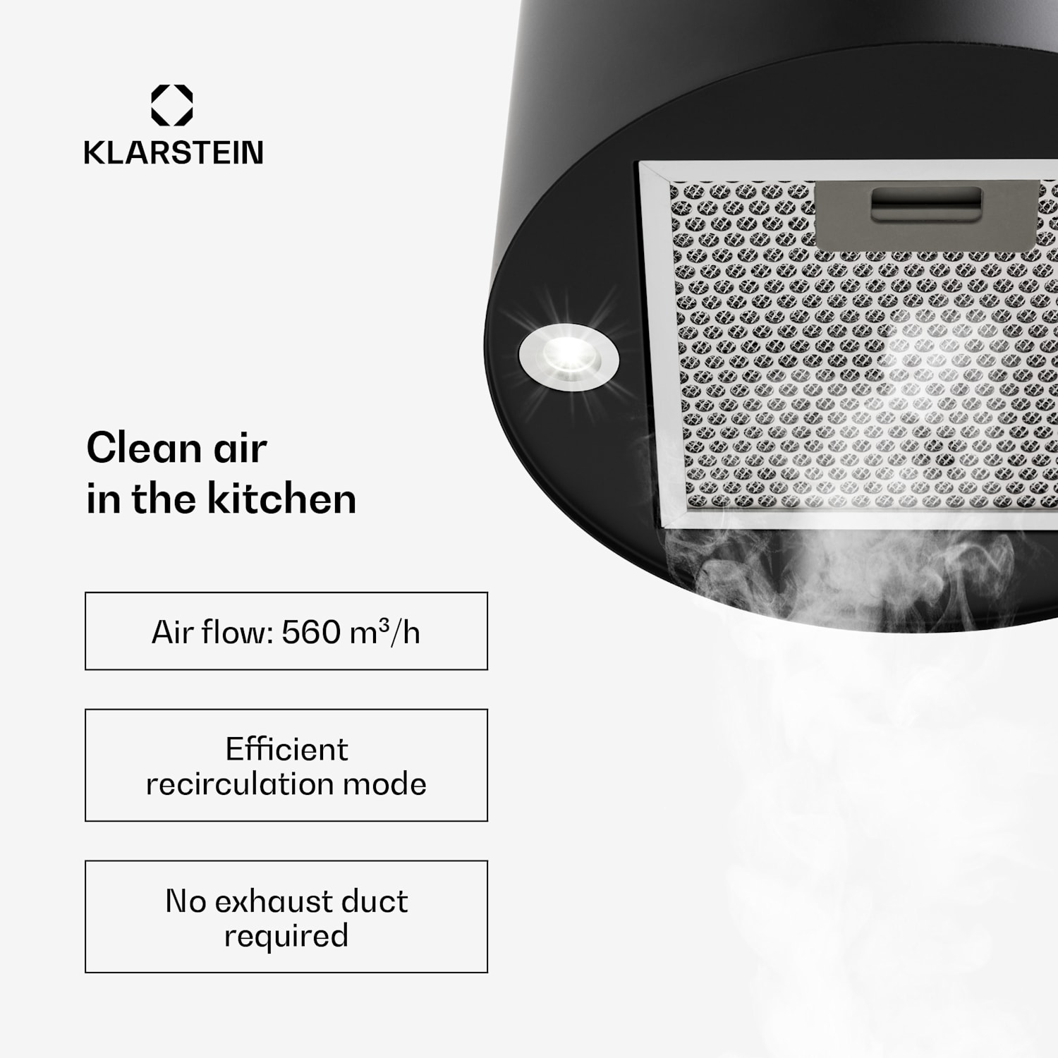 Exaustor Ilha Barett Ø35cm Recirculação de Ar 558 m³/h Filtro de Carvão Ativado LED Preto