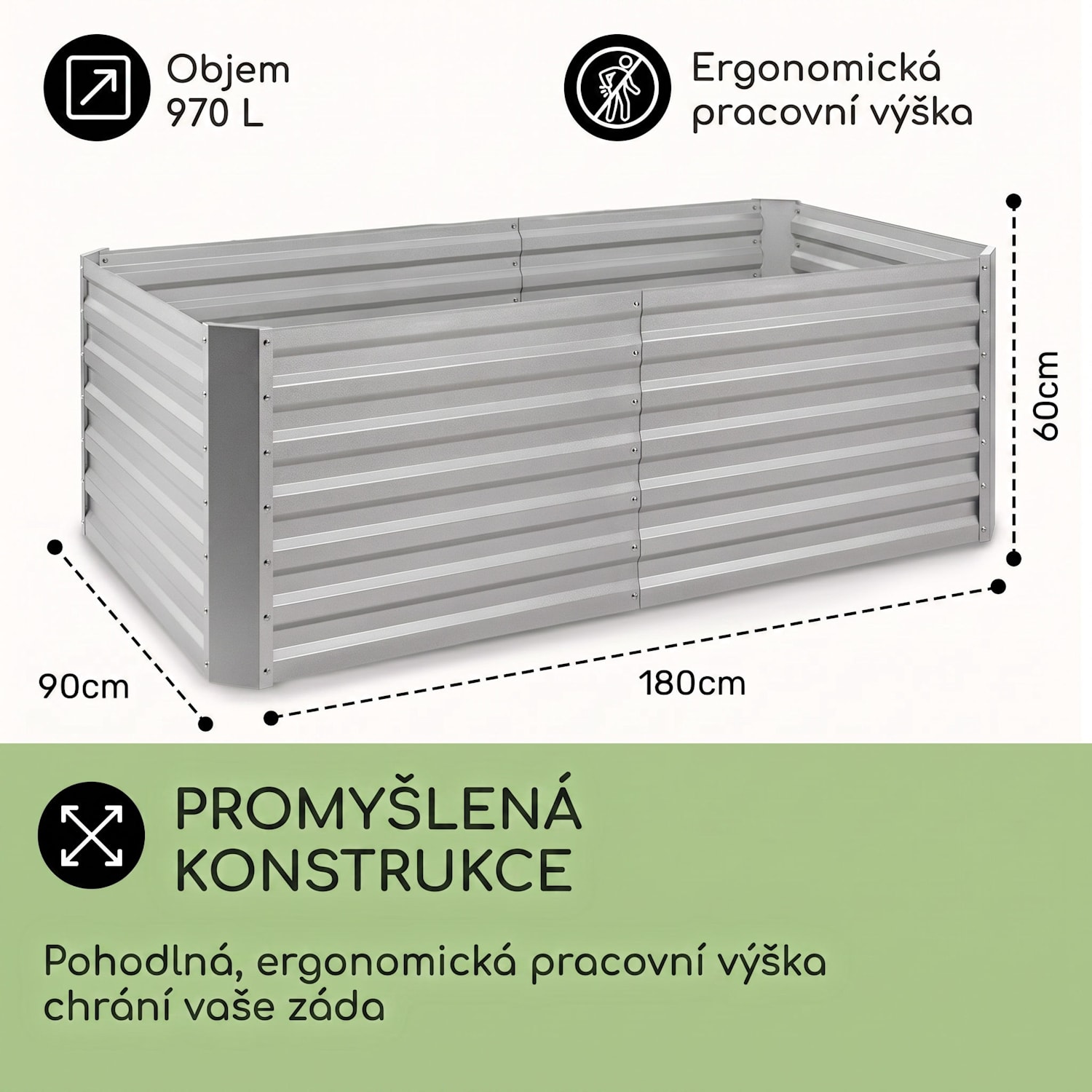 High Grow Straight, vyvýšený záhon, 180 x 60 x 90 cm, 970 l, ocel, pozinkovaný, stříbrný 180 x 90 x 60 cm | Stříbrná