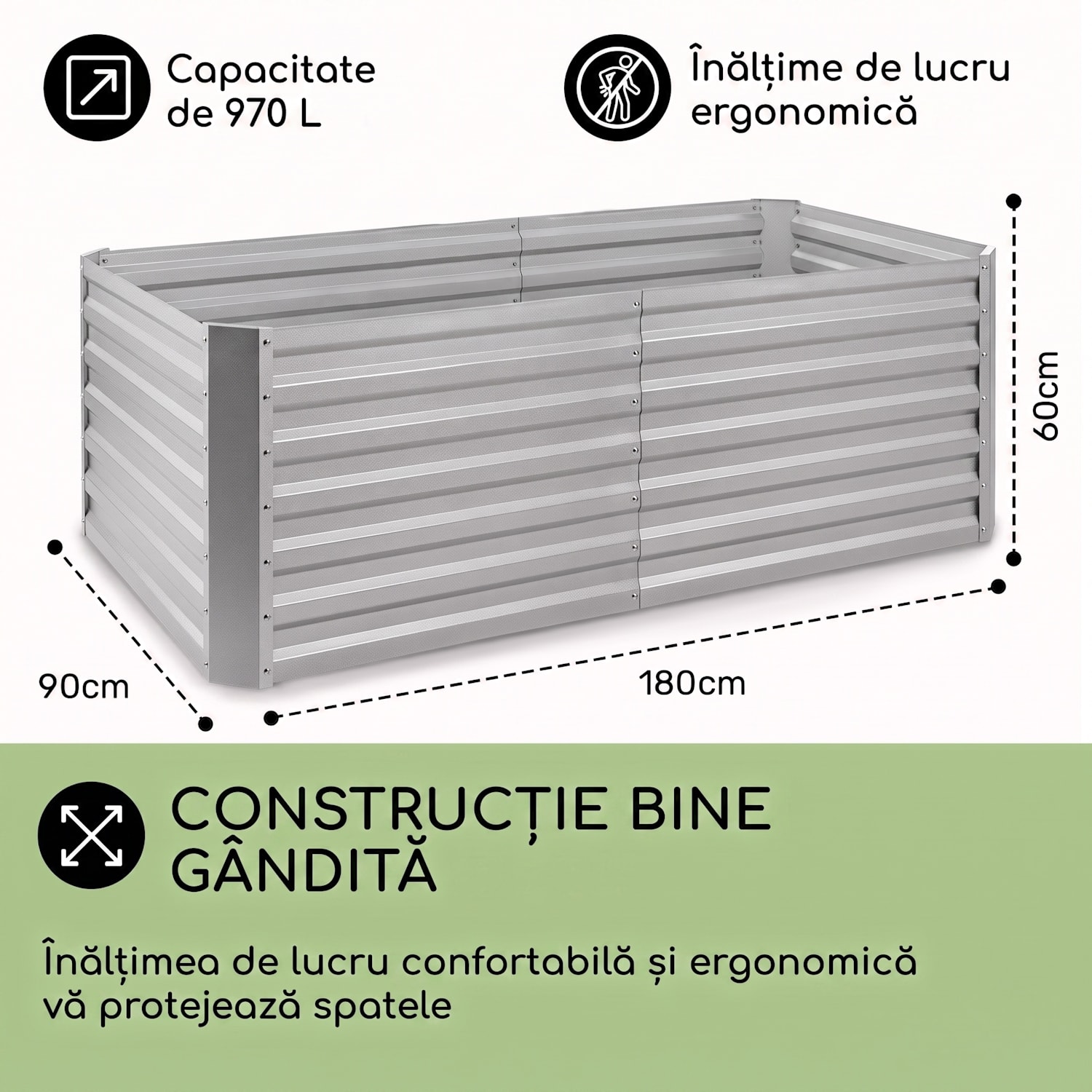 Ghiveci ridicat de 180x60x90cm, 970l din oțel zincat 180 x 90 x 60 cm | Argintiu