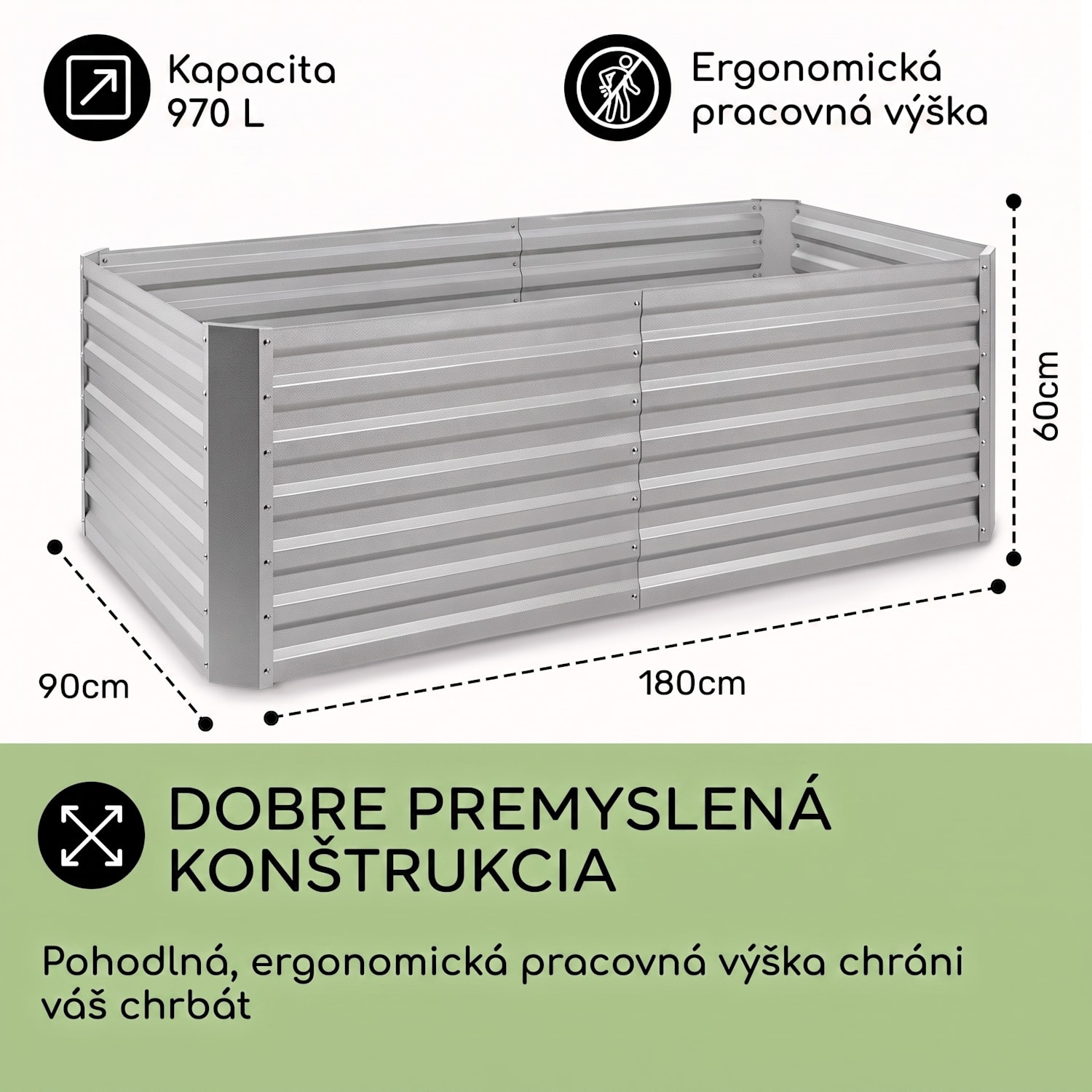 High Grow Straight, vyvýšený záhon, 180 x 60 x 90 cm, 970 l, oceľ, pozinkovaný, strieborný 180 x 90 x 60 cm | Strieborná
