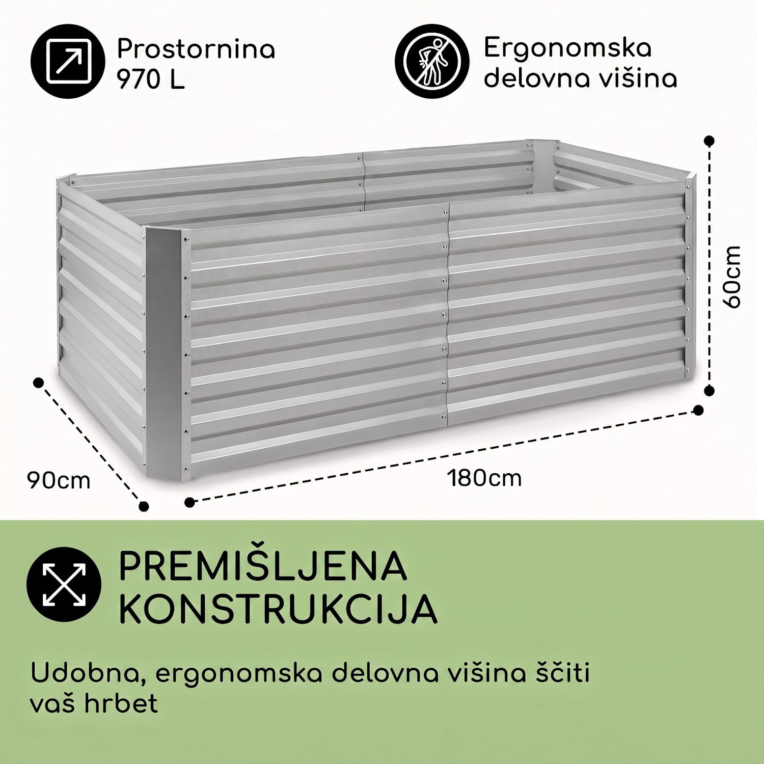 High Grow Straight, visoka greda, 180 x 60 x 90 cm, 970 l, jeklo, pocinkano, srebrna barva 180 x 90 x 60 cm | Srebrna