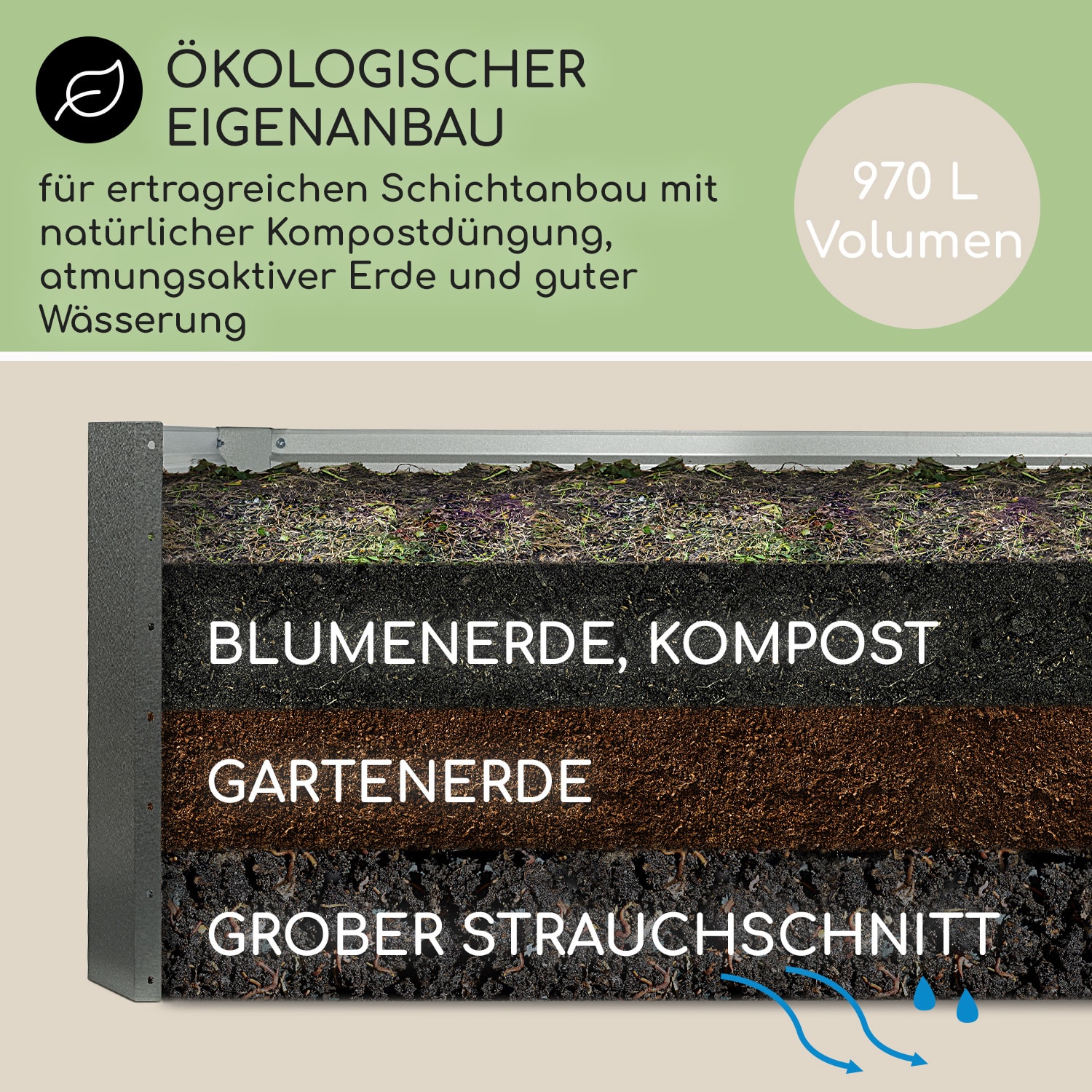 High Grow Straight Hochbeet 180x60x90cm 970l Stahl verzinkt Beige 180 x 90 x 60 cm | Creme