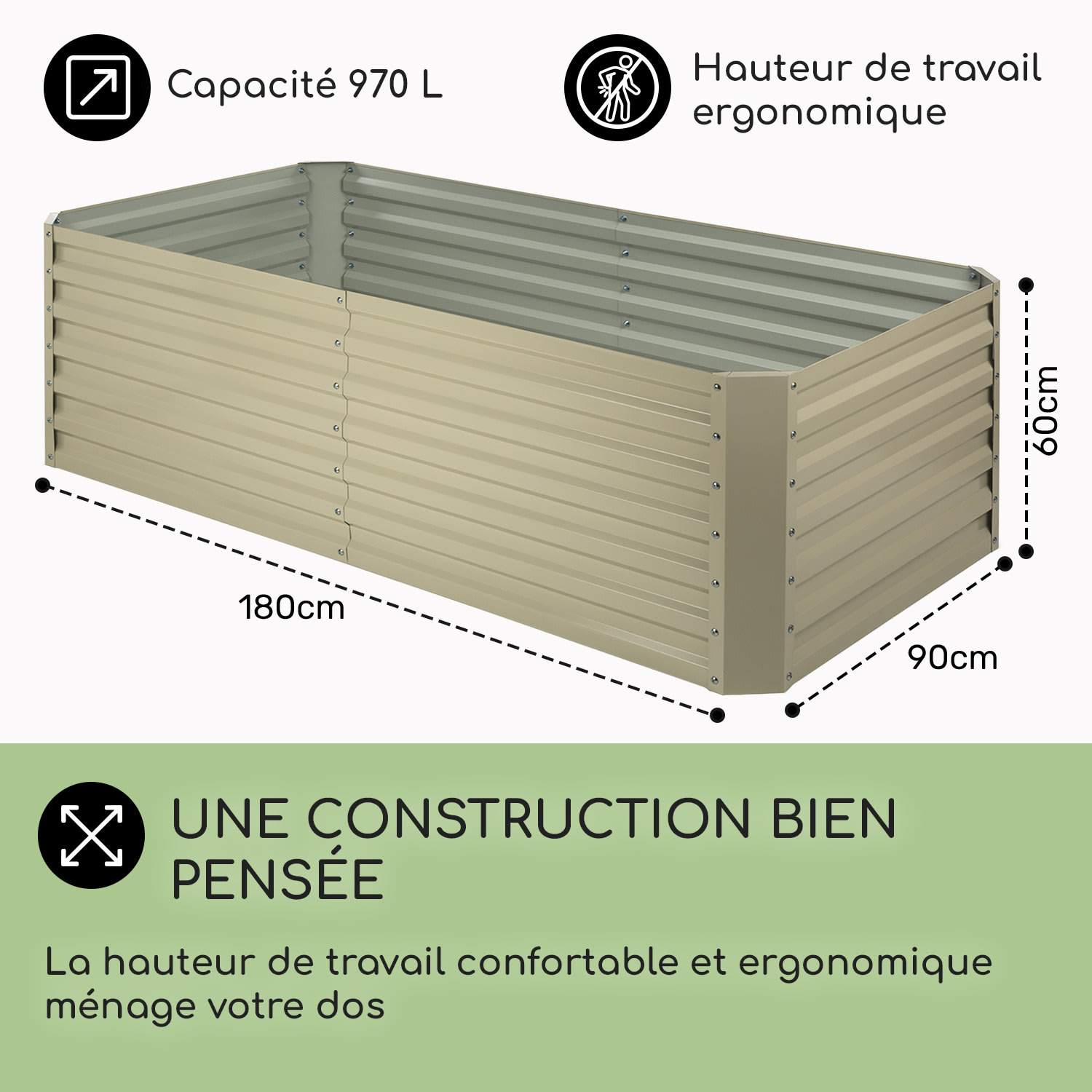 High Grow Straight Potager surélevé 180 x 60x 90cm 970 l acier beige 180 x 90 x 60 cm | Crème